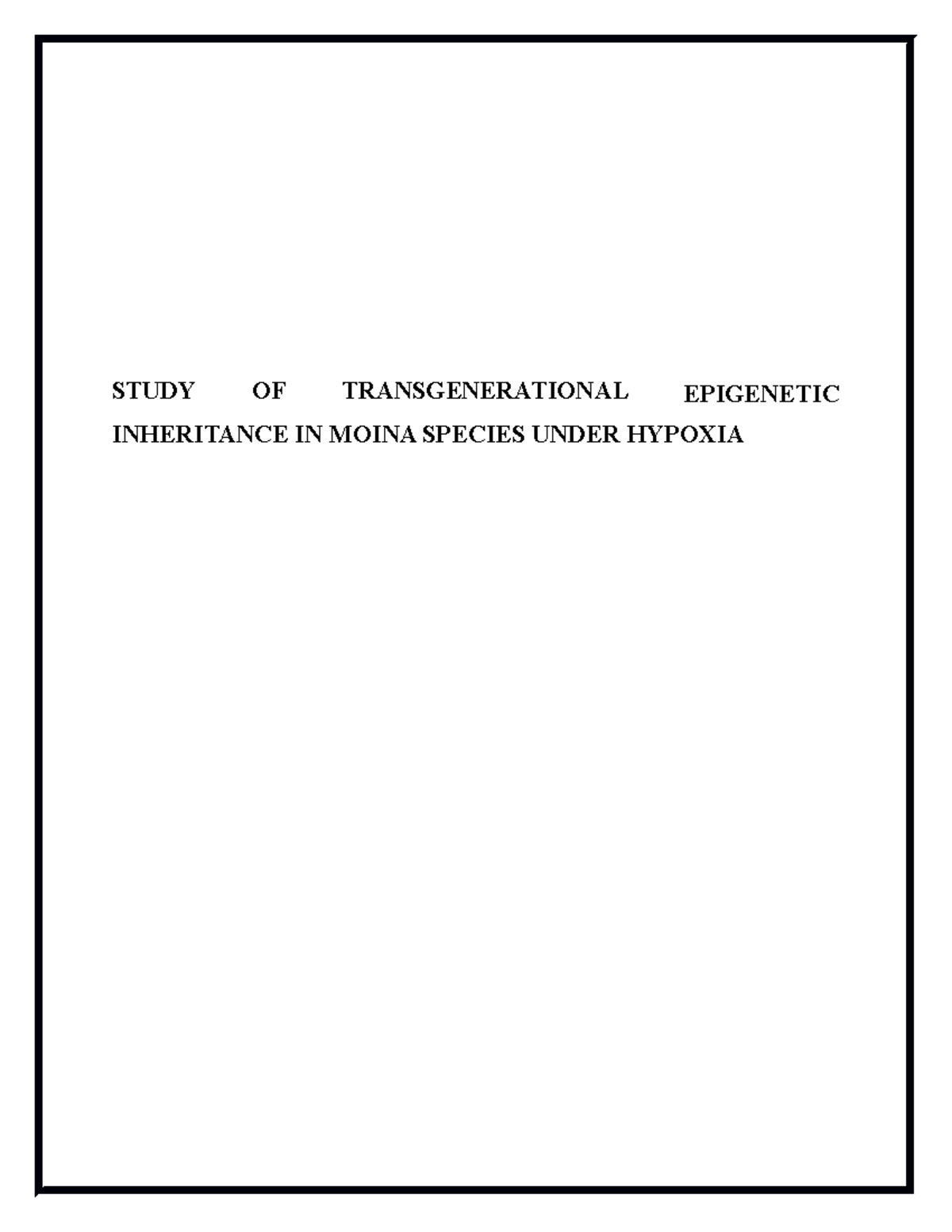 Study OF Transgenerational Inheritance IN Moina Species Under Hypoxia ...