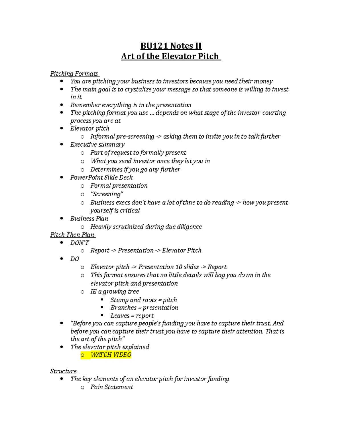 BU121 Notes 2 The Art of the Elevator Pitch - BU121 Notes II Art of the ...