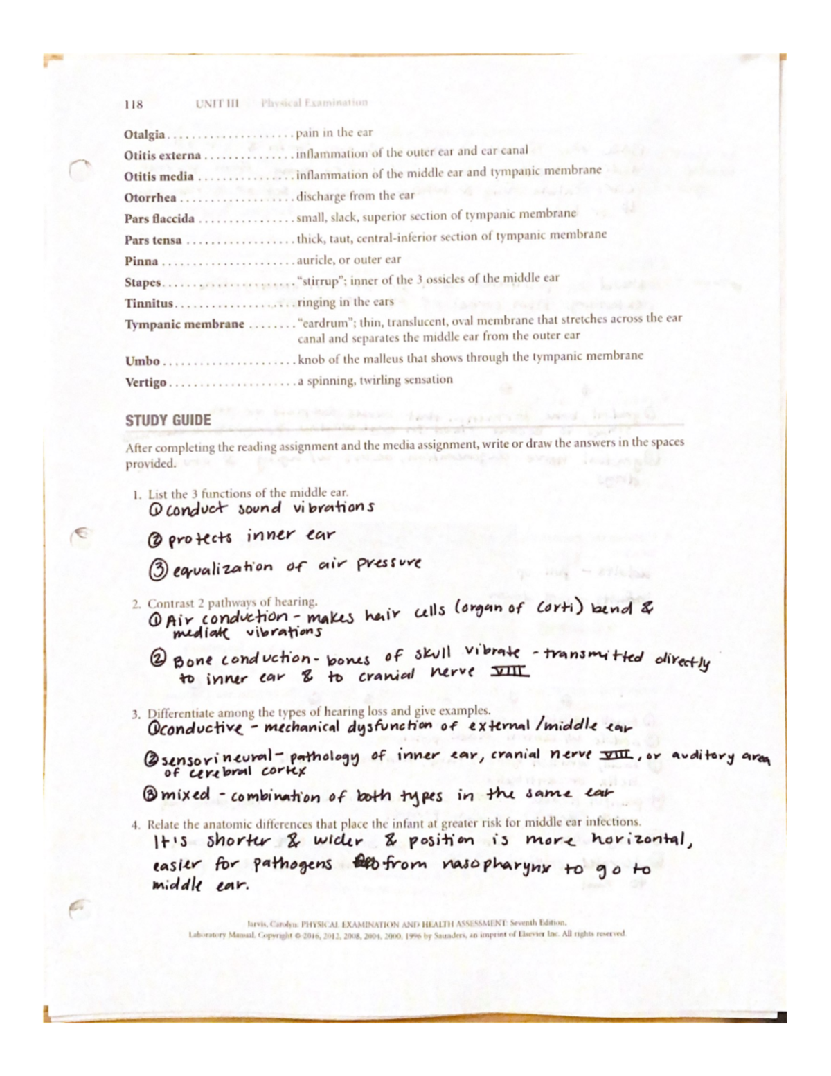 Ch 16 - Lab book study guide questions - 118 UNIT Hil Otalgia..... Bea ...