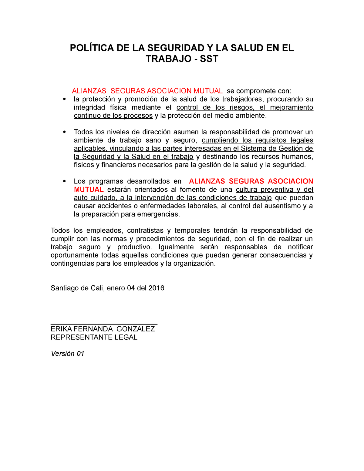 1 Modelo Politica Sst De La Seguridad Y La Salud En El Trabajo Sst