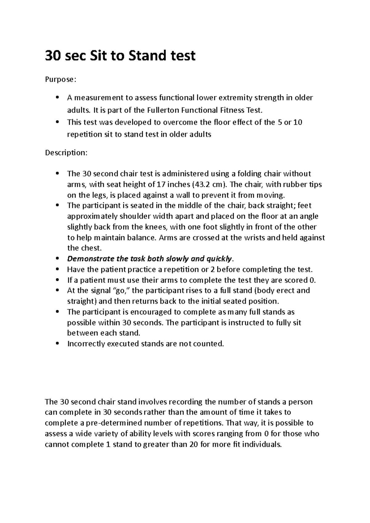 30 sec Sit to Stand test 30 sec Sit to Stand test Purpose A