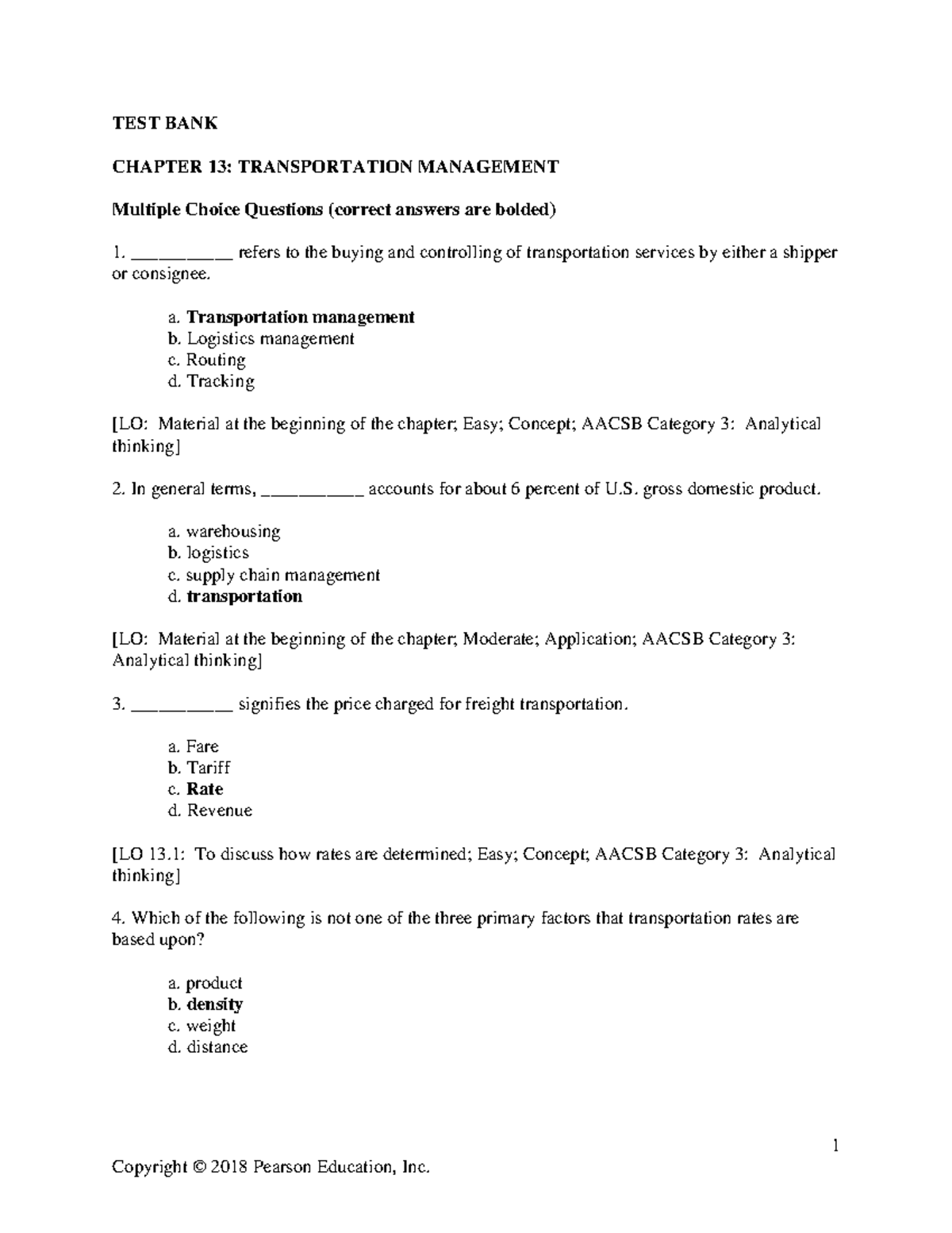 Chapter 13 - Transportation MNGT - 1 TEST BANK CHAPTER 13 ...