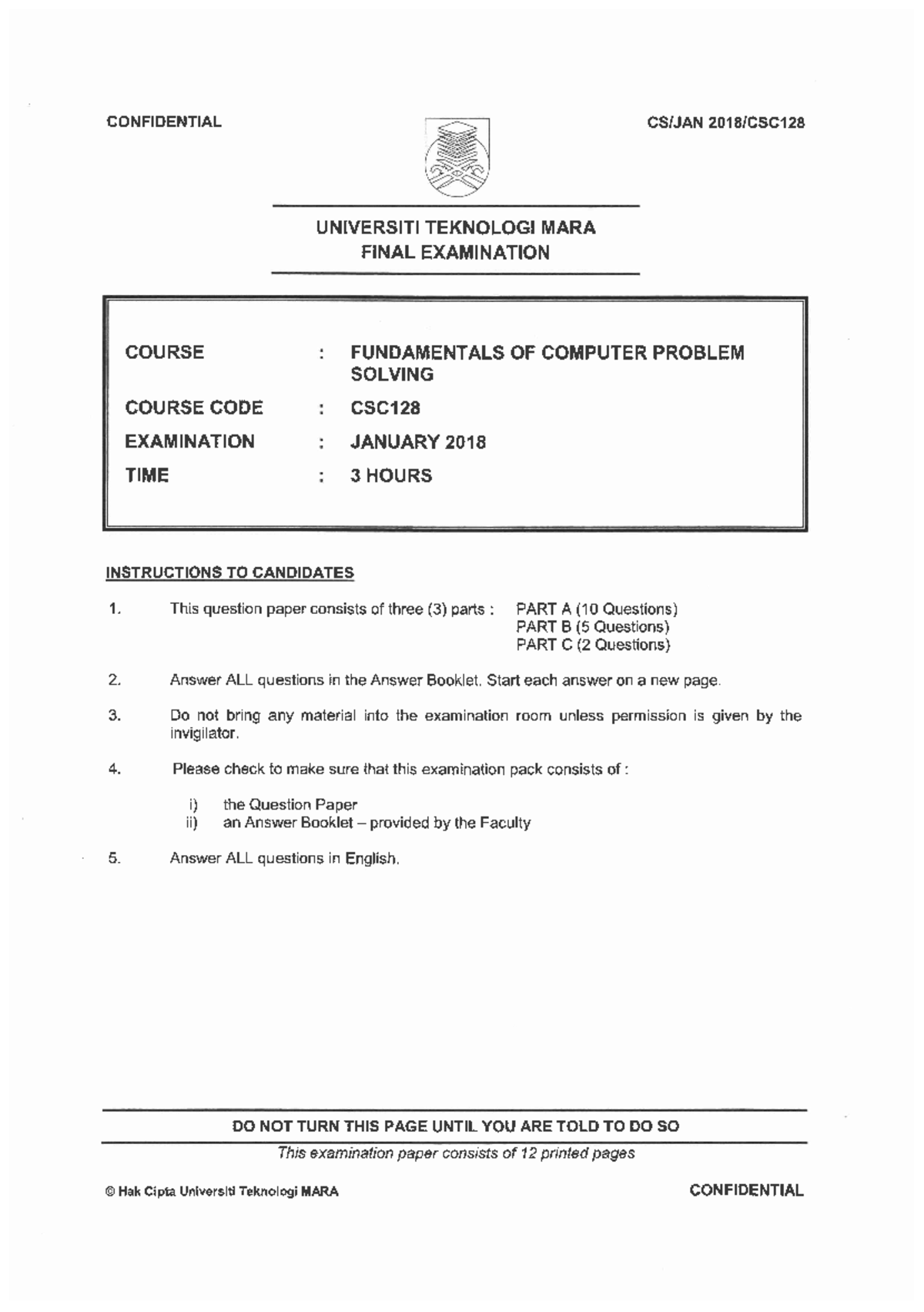CSC128 JAN2018 - EXAMINATION QUESTION UITM - Introduction to c++ - Studocu