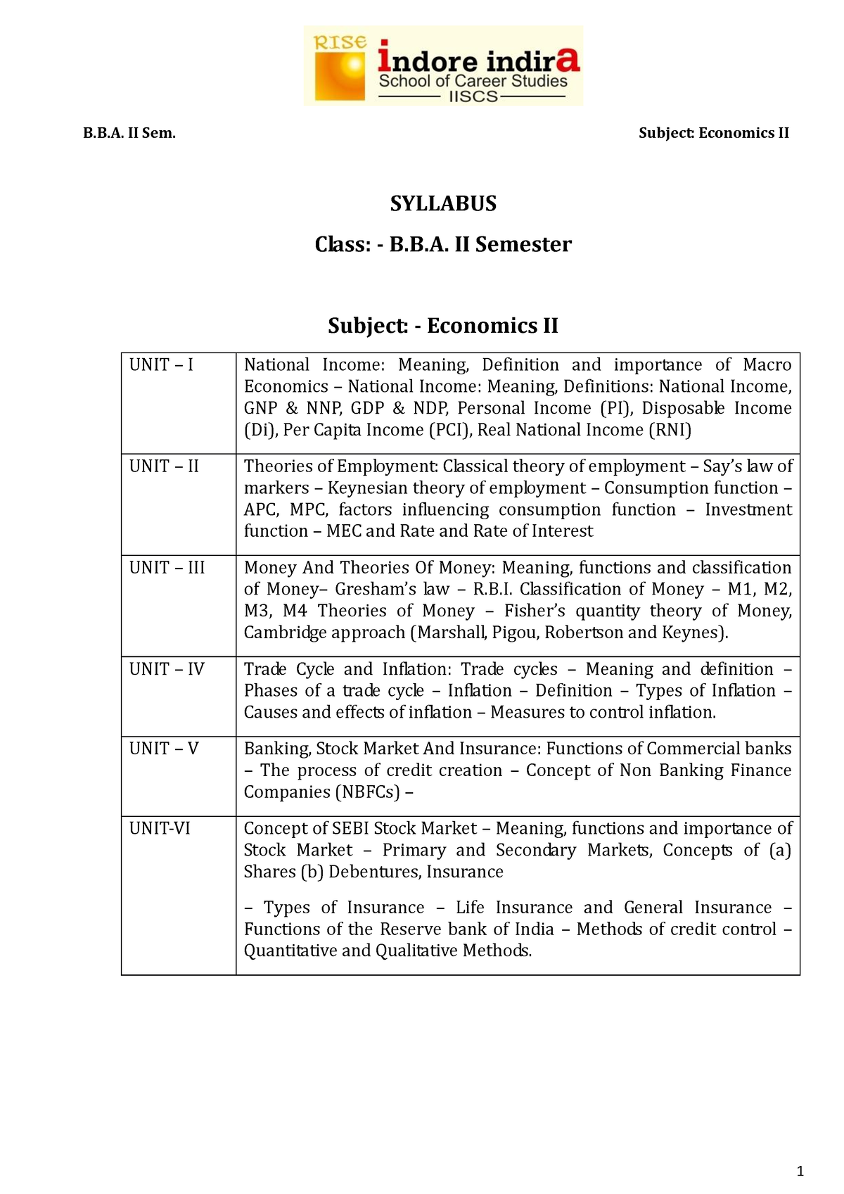 Economics II - Good - SYLLABUS Class: - B.B. II Semester Subject ...