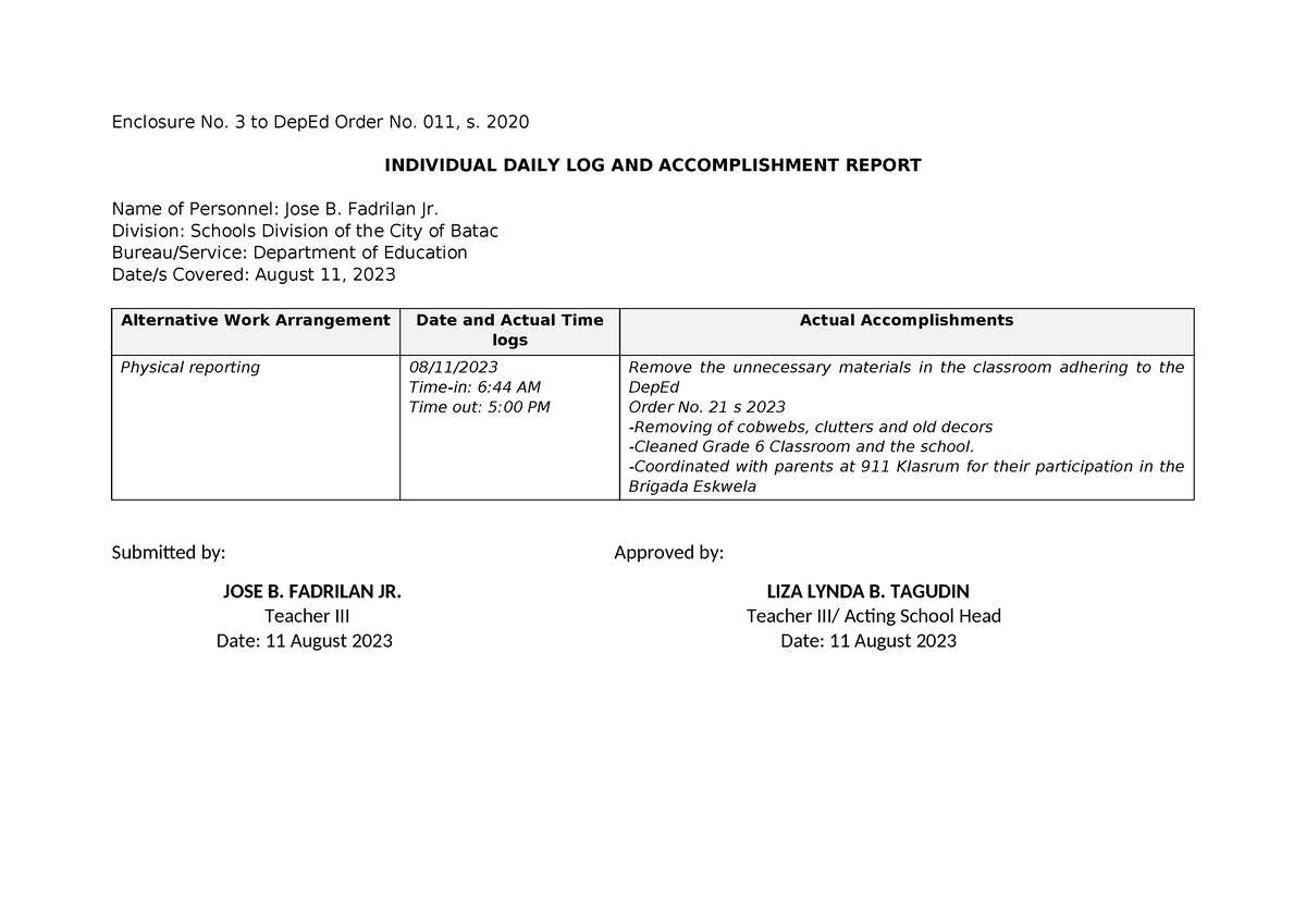 Idlar August 2023 Brigada - Copy - Enclosure No. 3 to DepEd Order No ...