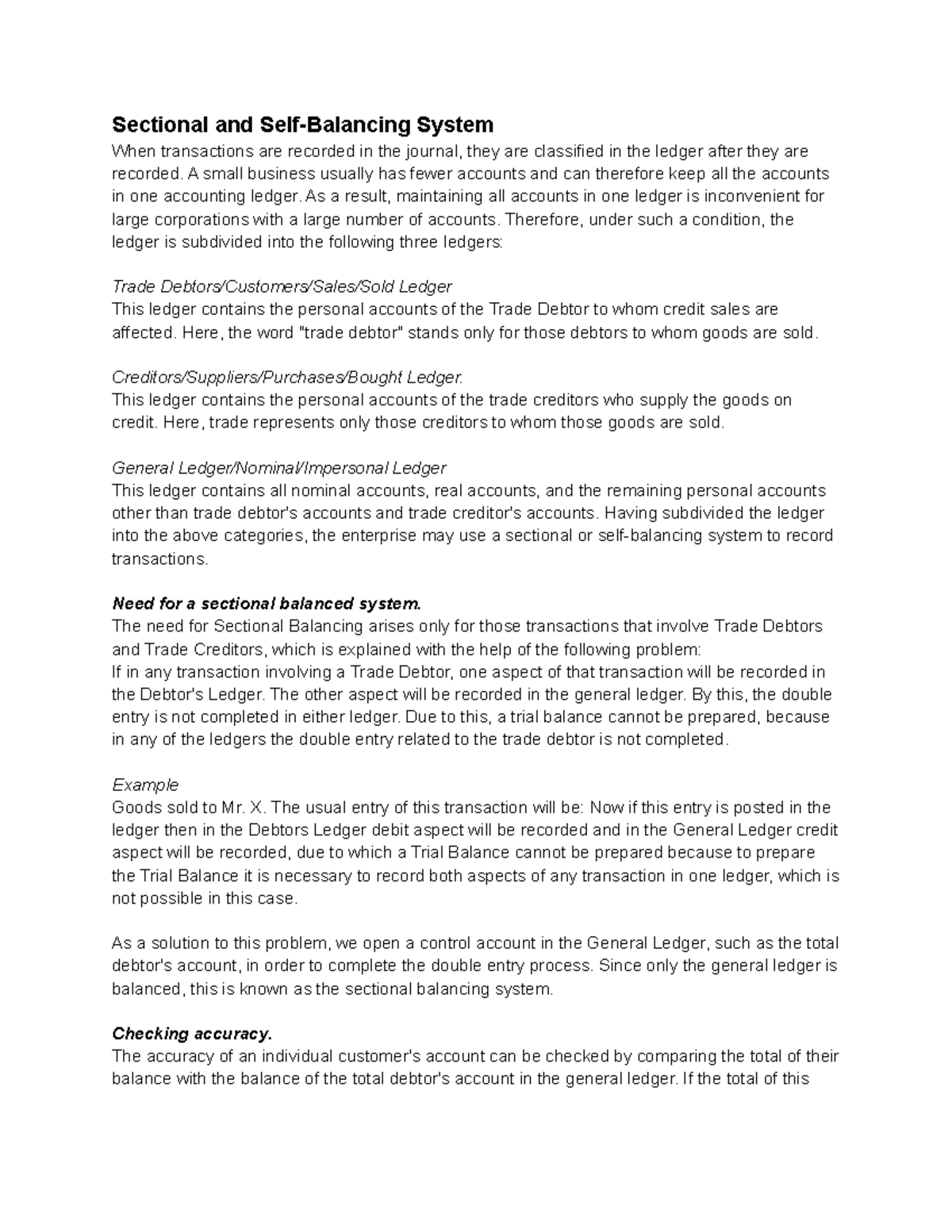 Sectional and SelfBalancing System of trial balance Sectional and