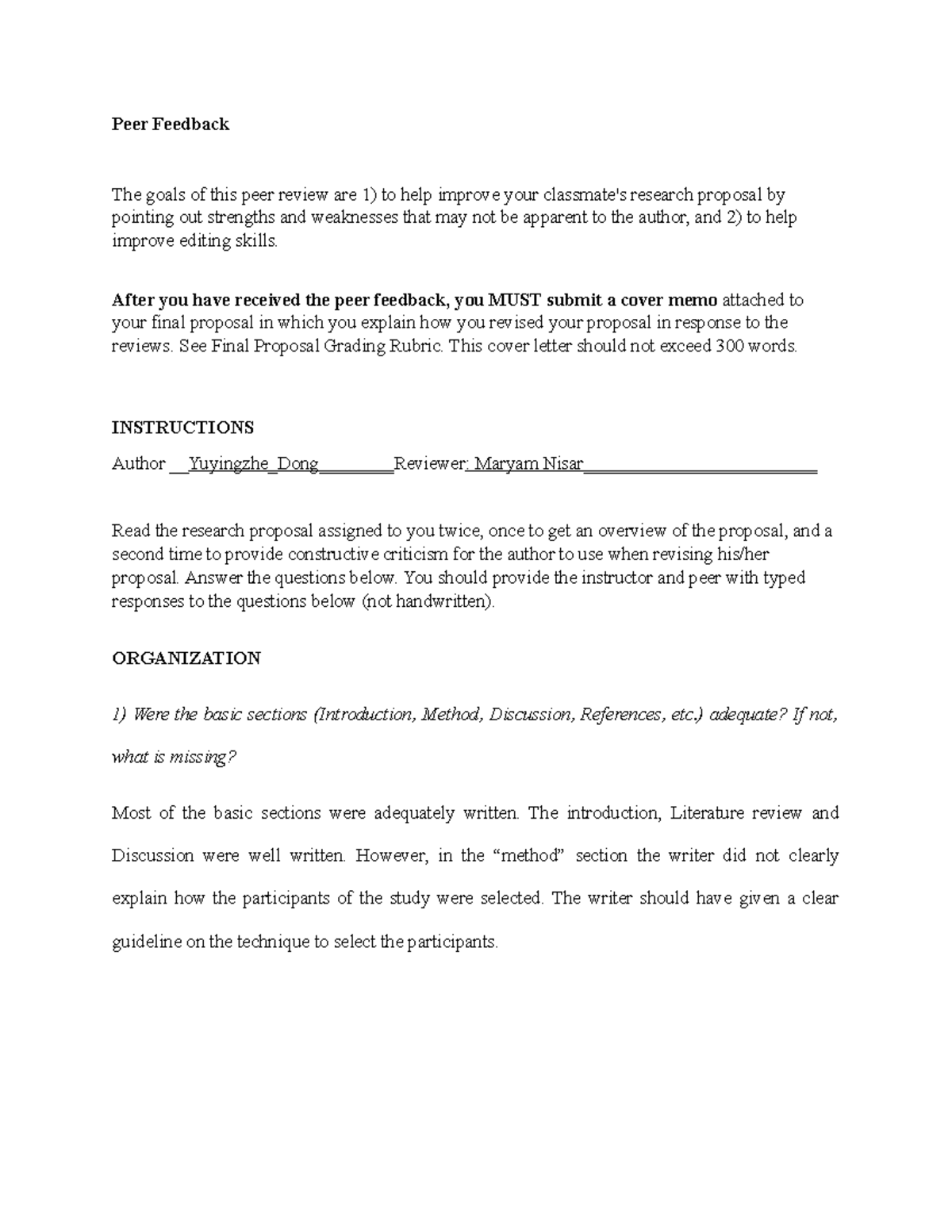 Peer feedback for cover page - Peer Feedback The goals of this peer ...