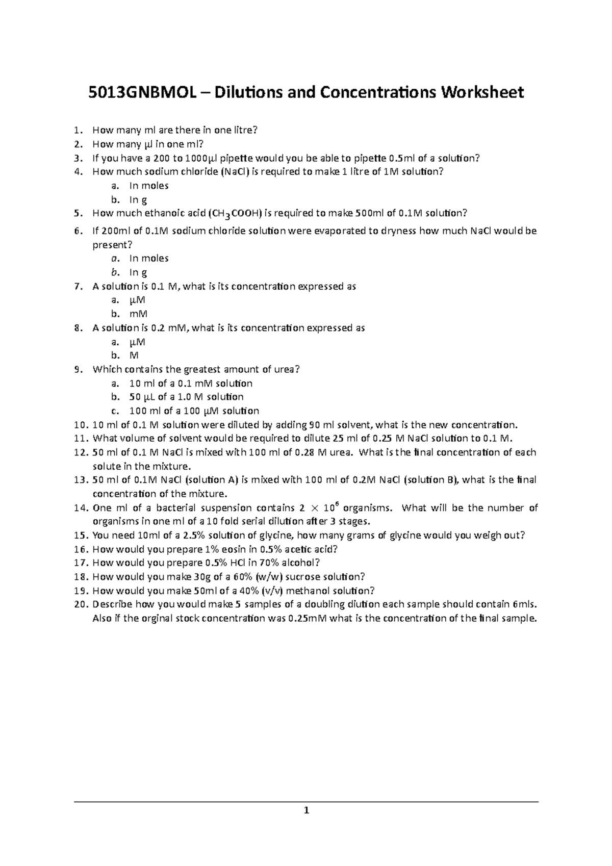 Dilutions & Concentrations worksheet Questions 5013GNBMOL Dilutions