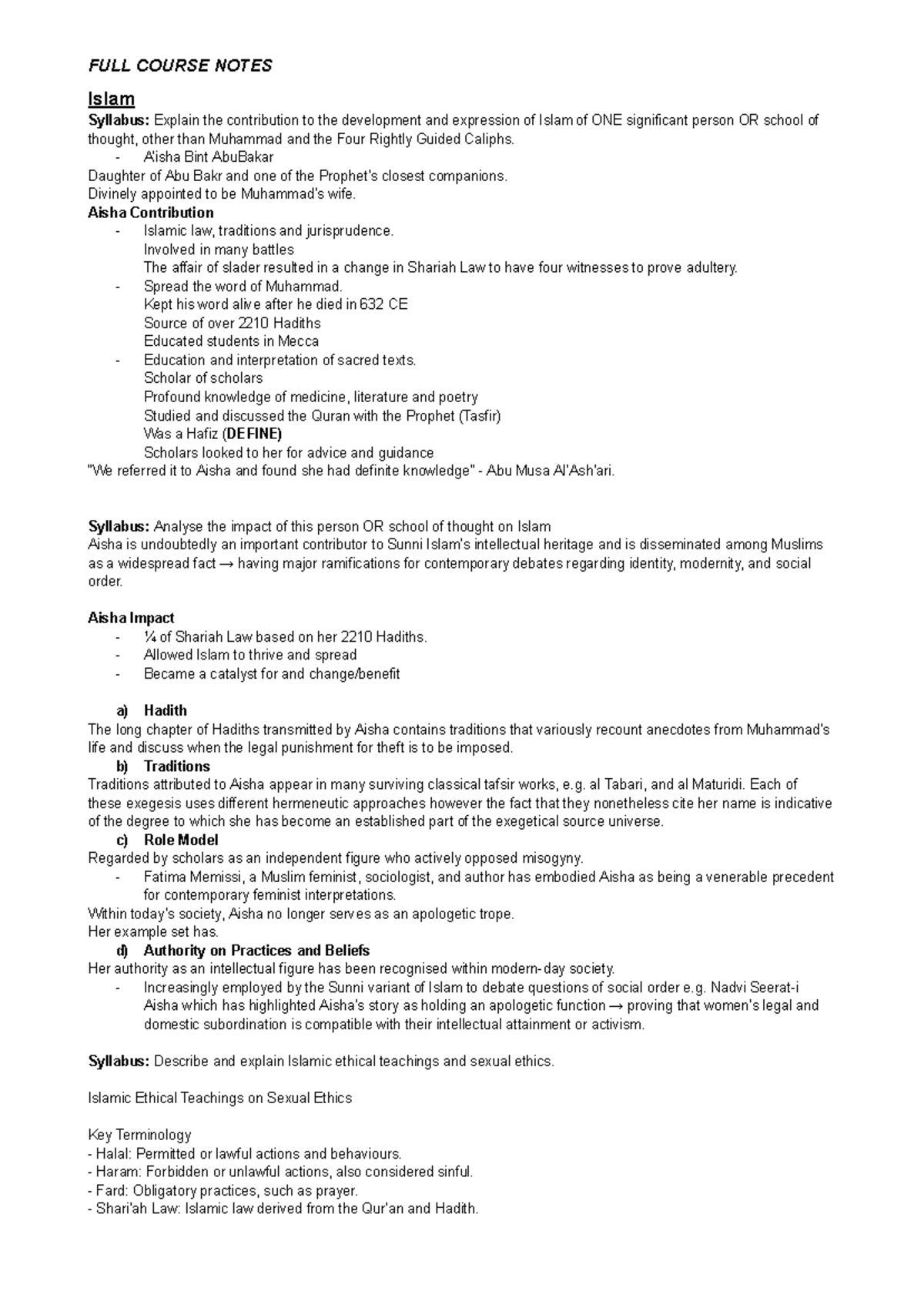 SOR - MY Notes - Islam Syllabus: Explain the contribution to the ...