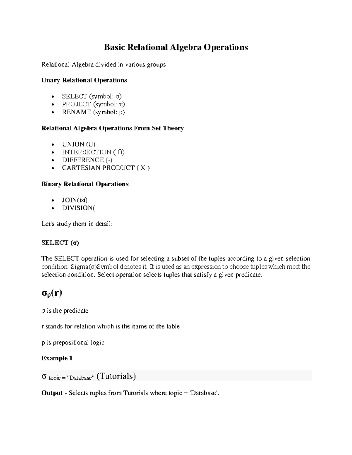 Basic Relational Algebra Operations