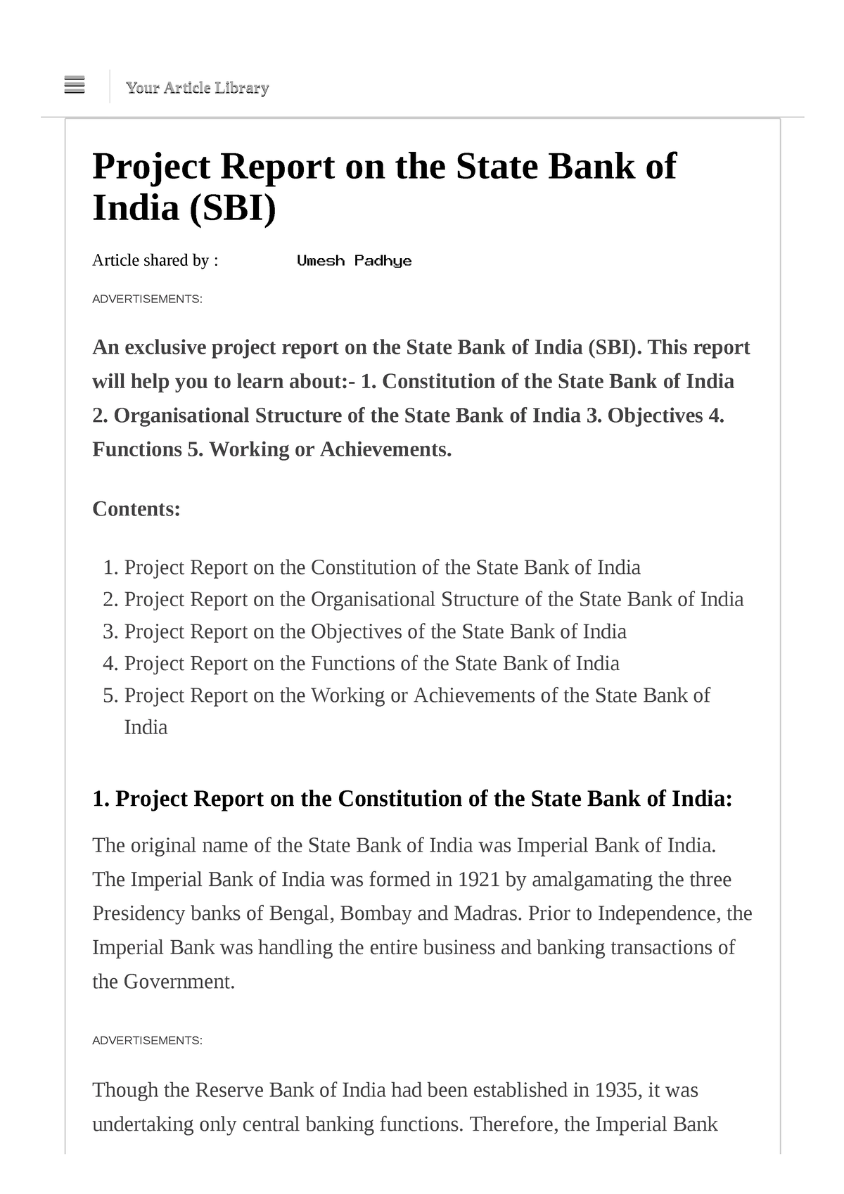 essay on state bank of india