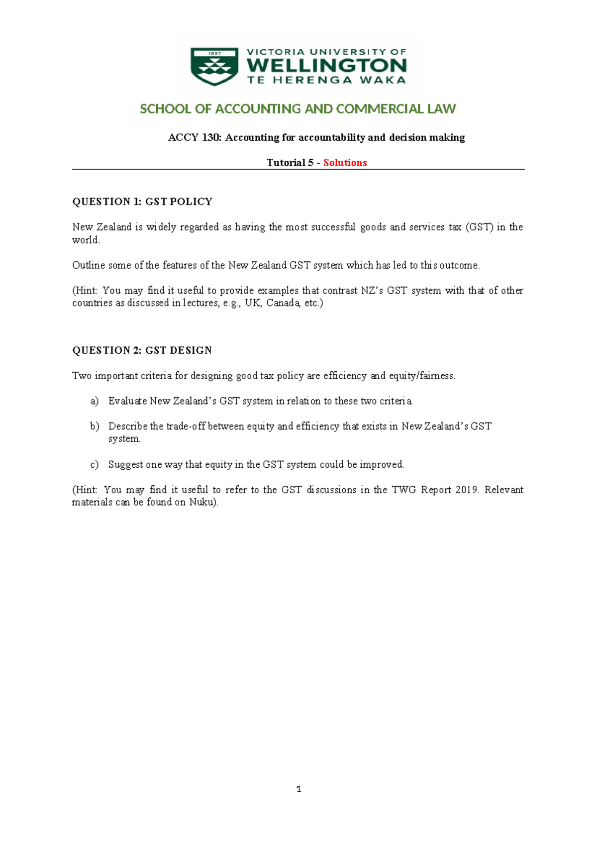 ACCY 130 2024 Tutorial 5 Questions - SCHOOL OF ACCOUNTING AND ...