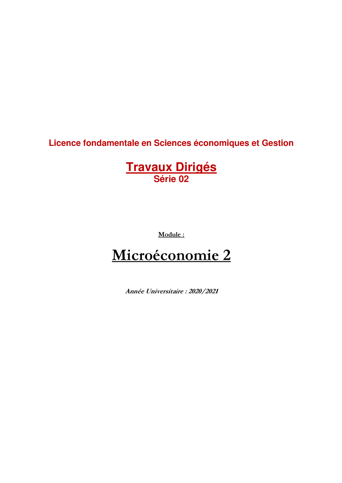 Microeconomie 2 TD Série 02 - Licence Fondamentale En Sciences ...