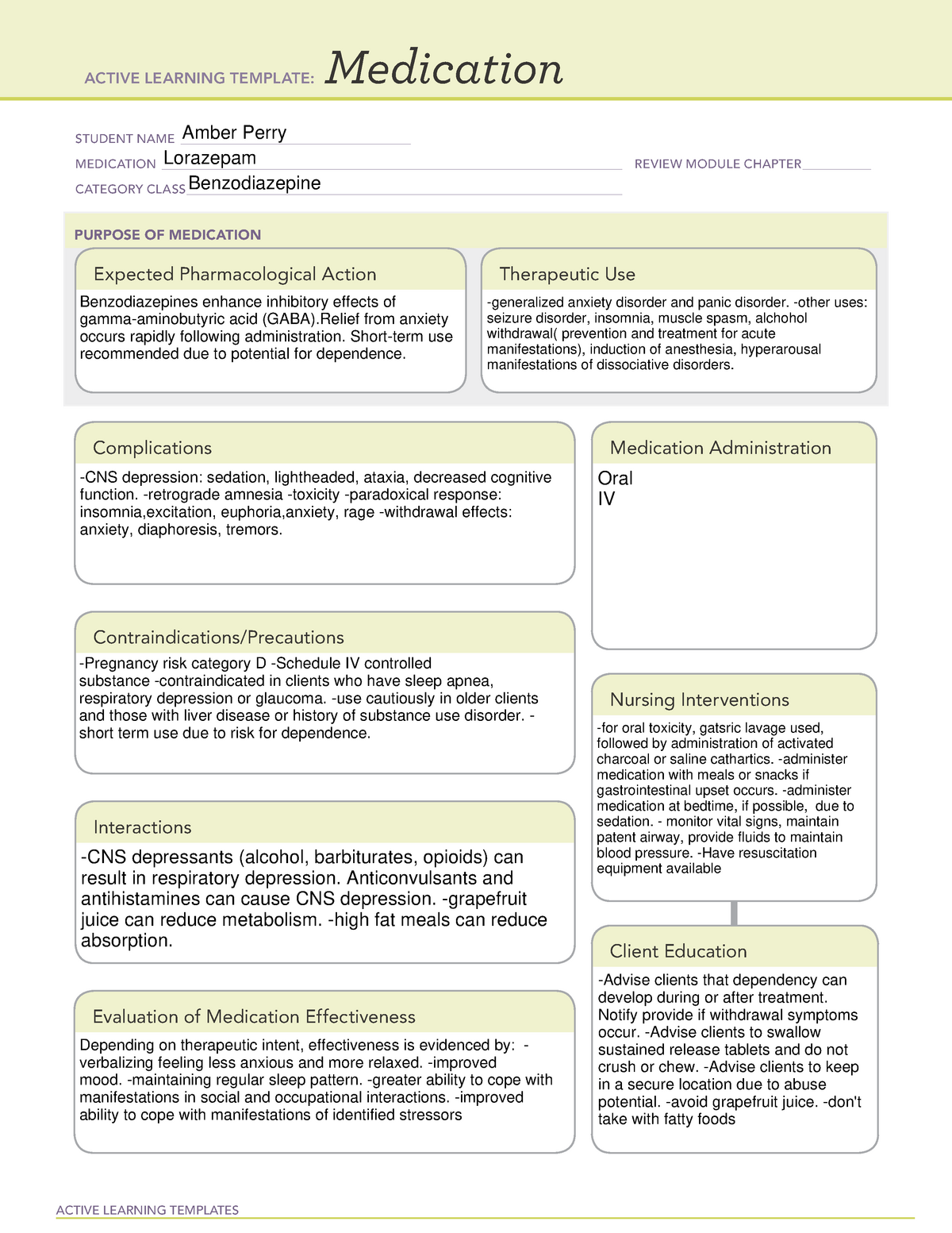 ATI med lorazepam template ACTIVE LEARNING TEMPLATES Medication