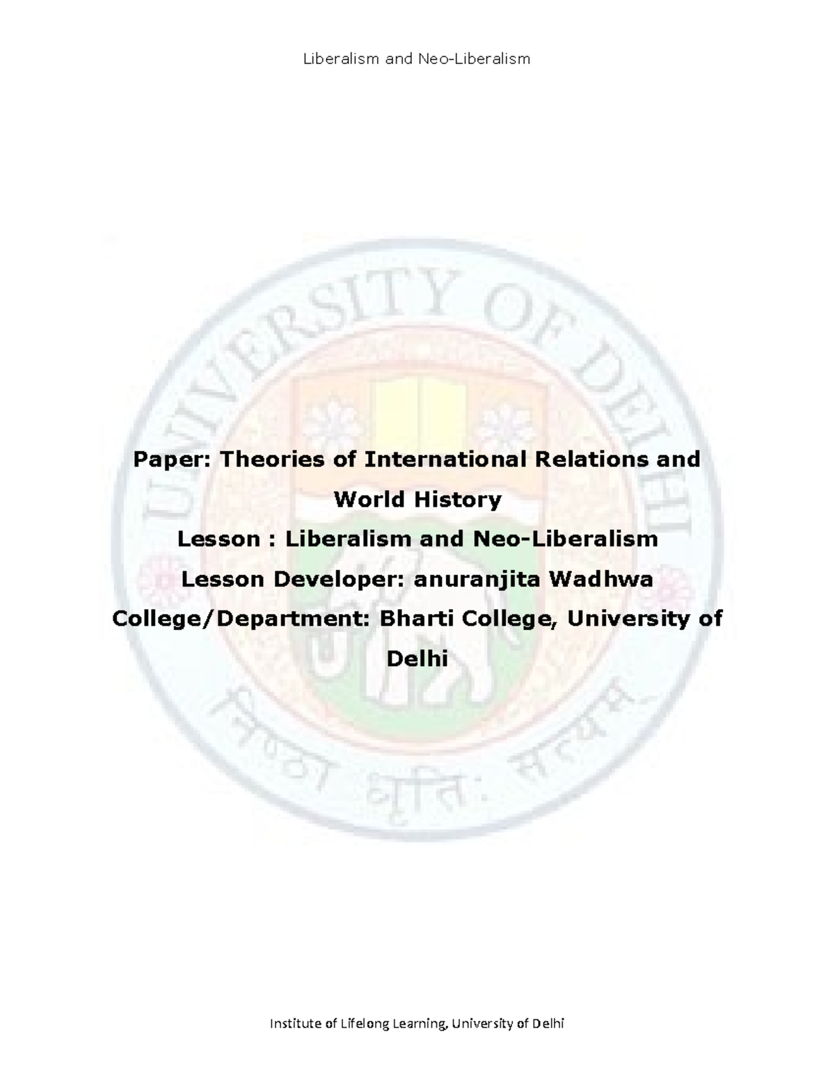 Liberalism and neo liberalism - Political science - Delhi University ...