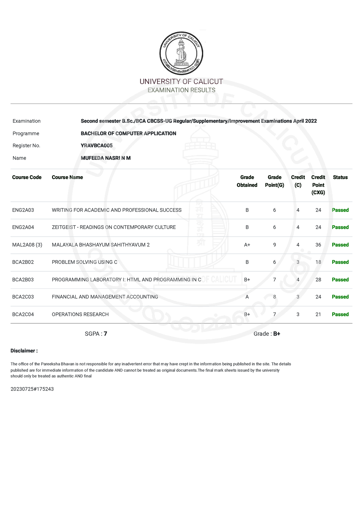 2nd sem mm - 7wuauaua - UNIVERSITY OF CALICUT EXAMINATION RESULTS ...