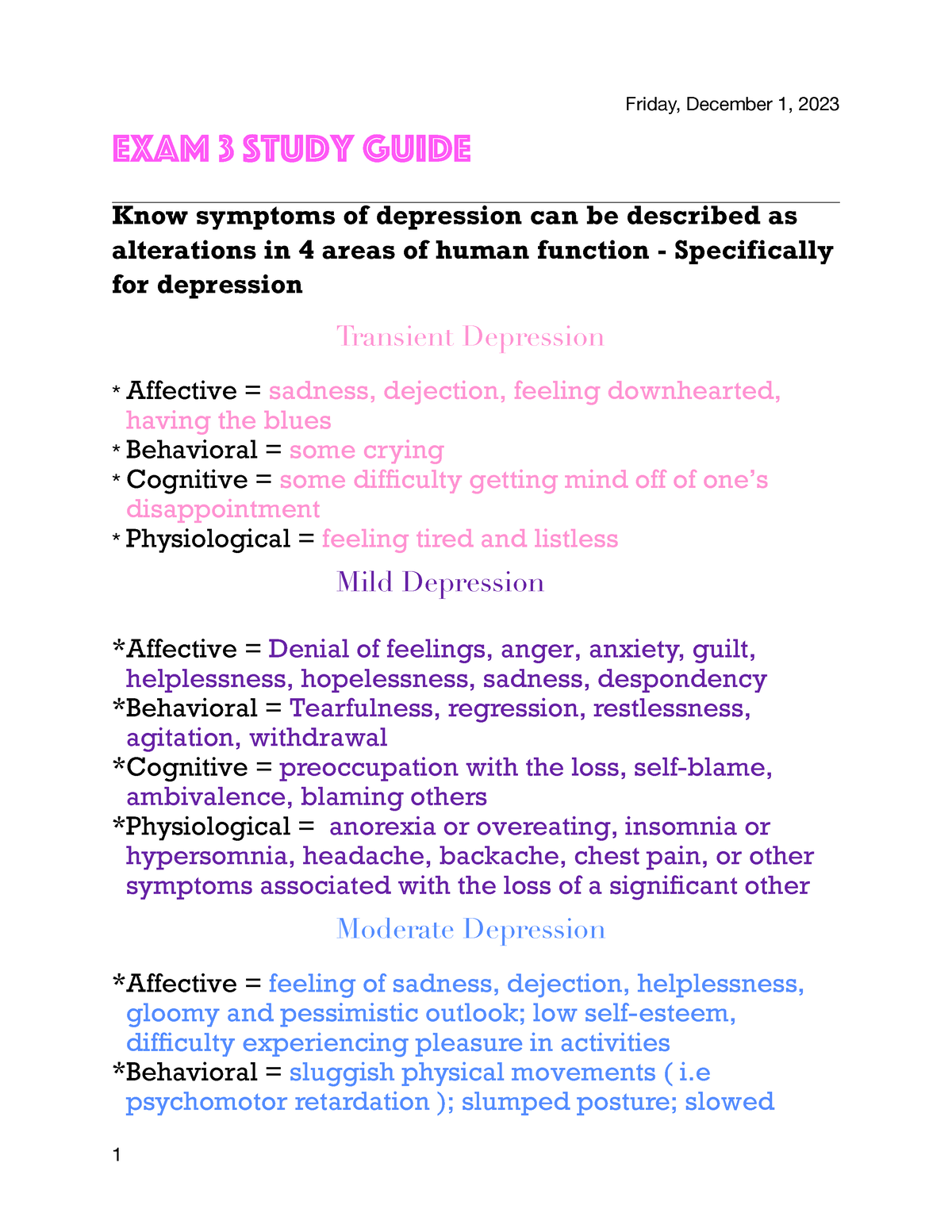 Mental Health Exam 3 - N/a - Exam 3 Study Guide Know Symptoms Of ...