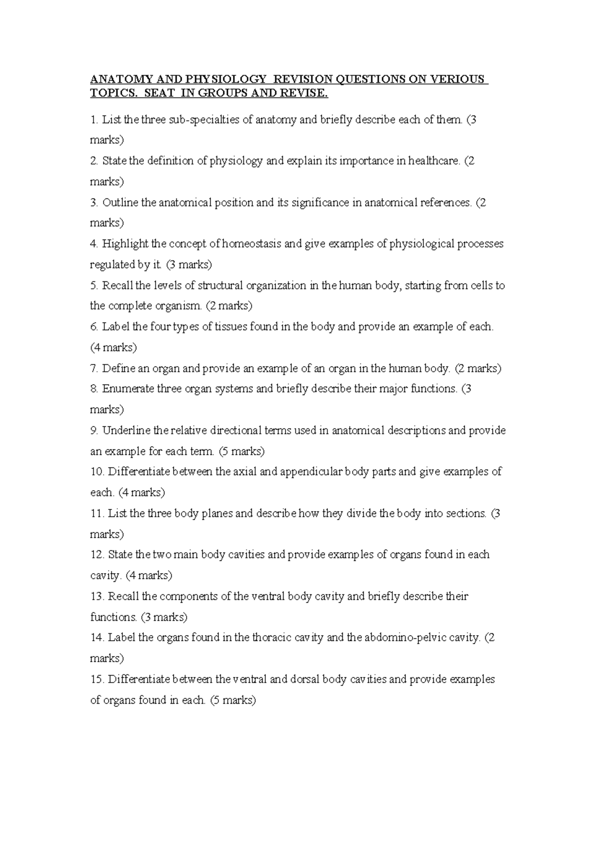 Anatomy AND Physiology Questions ON Verious Topics - ANATOMY AND ...