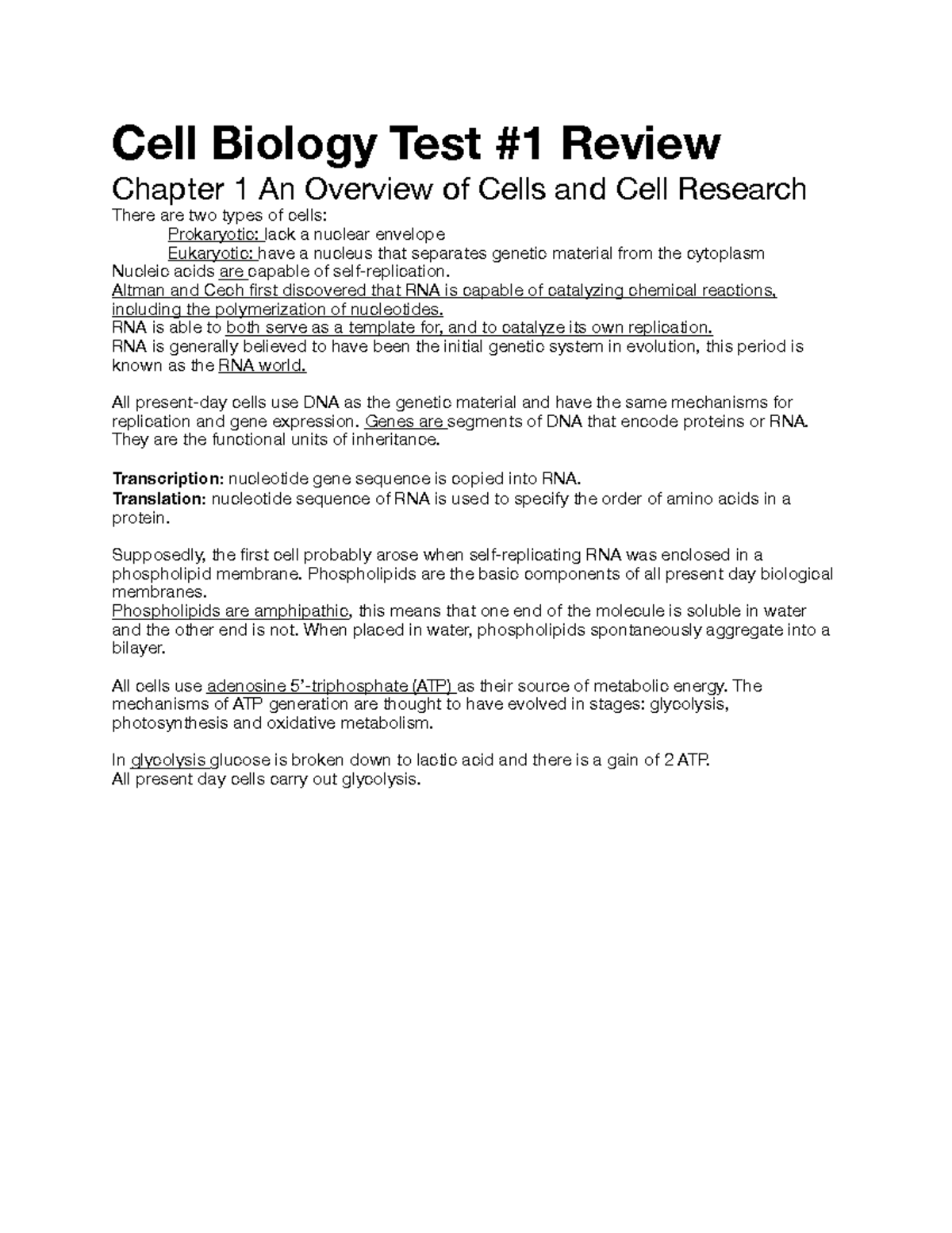 Cell Biology Test 1 Review - Cell Biology Test #1 Review Chapter 1 An ...