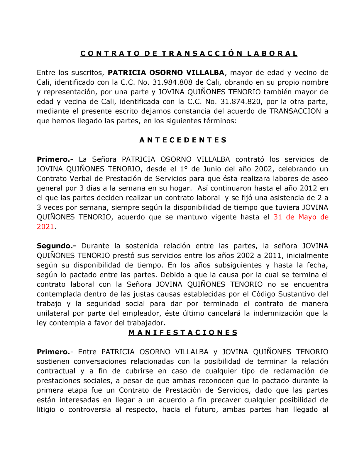 Contrato De Transacción Laboral Jovina Quiñones C O N T R A T O D E T R A N S A C C I Ó N L A 2035