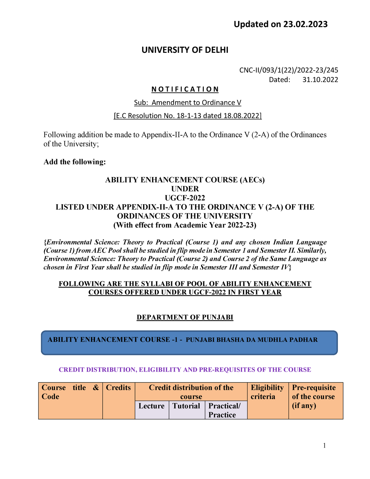 24022023 AEC - UNIVERSITY OF DELHI CNC-II/093/1(22)/2022-23/ 245 Dated ...