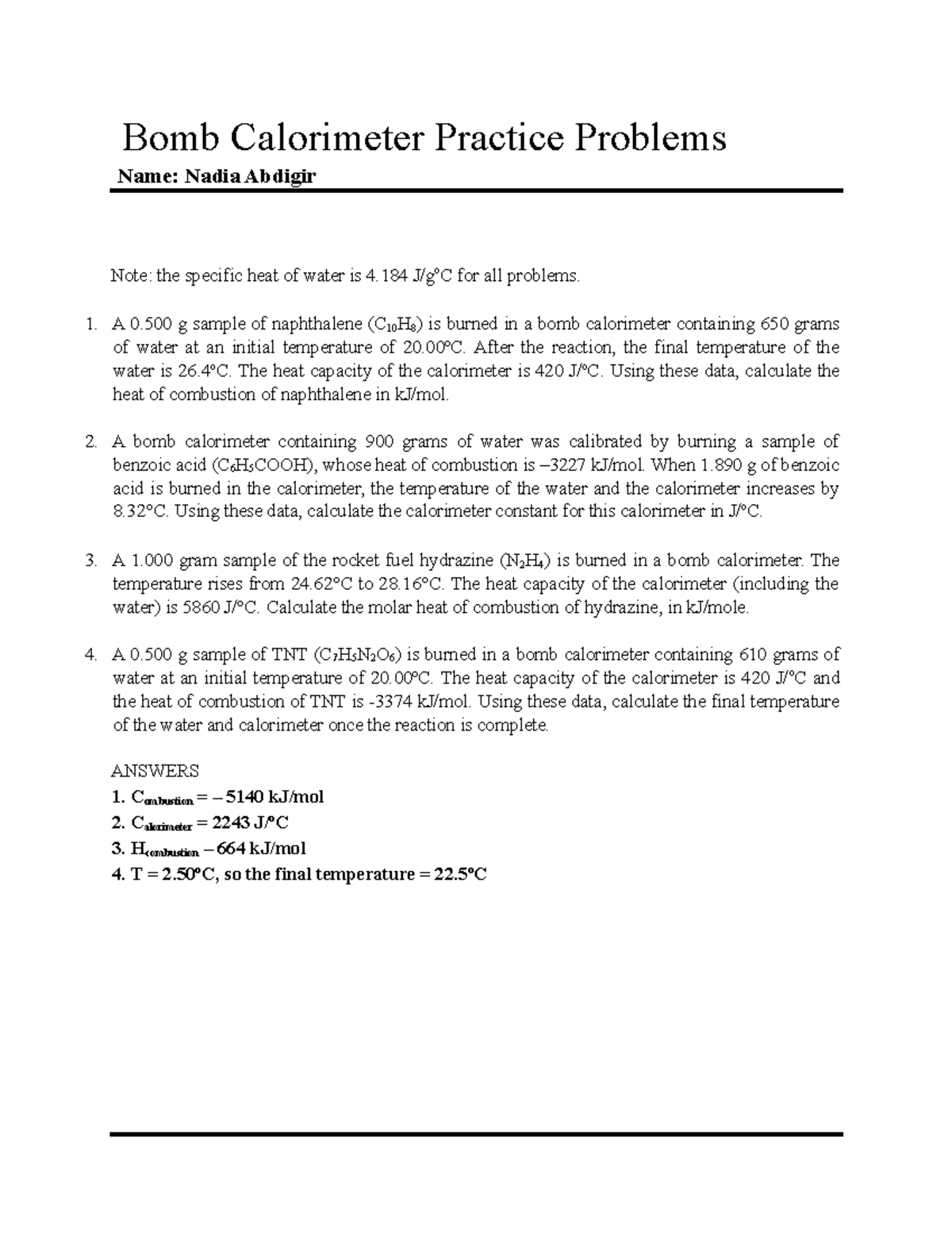 Bomb Calorimeter Problems Bomb Calorimeter Practice Problems Name