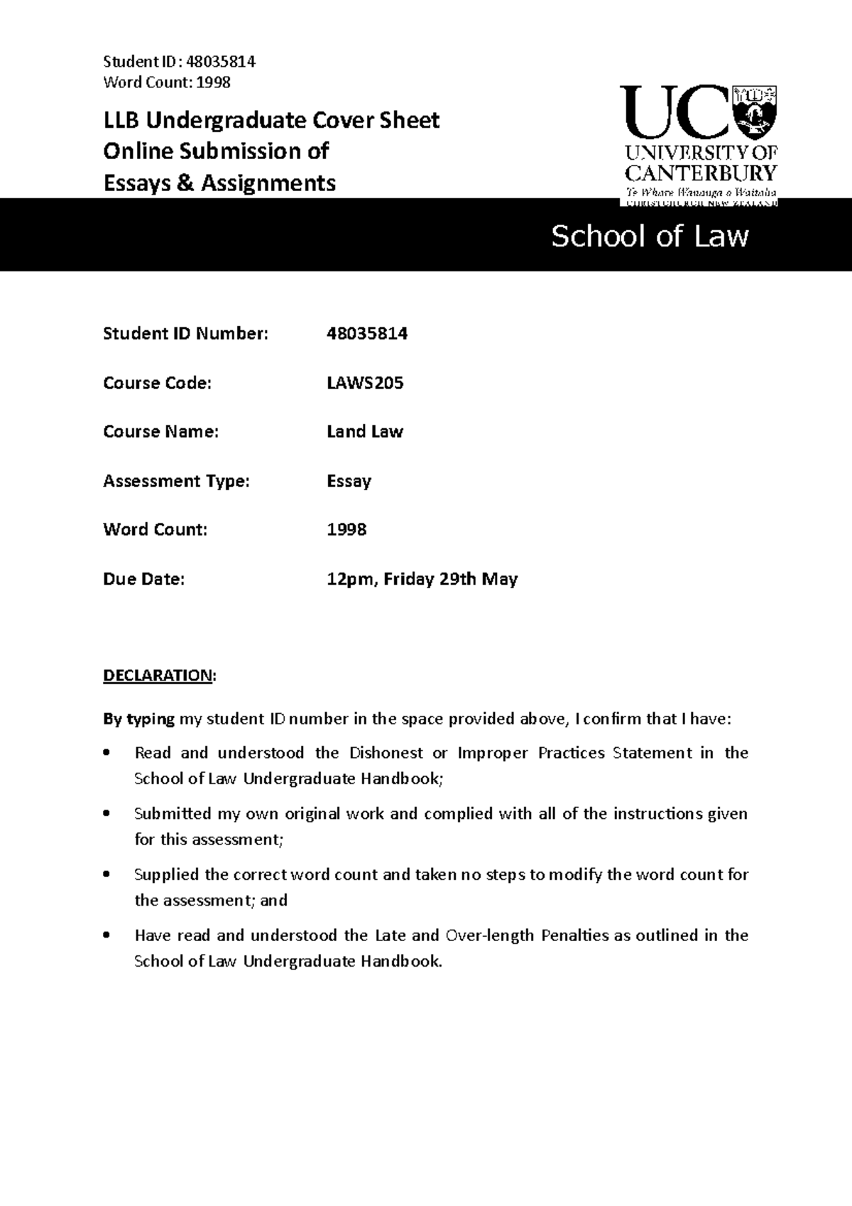 Land Essay 2020 Word Count 1998 LLB Undergraduate Cover Sheet Online