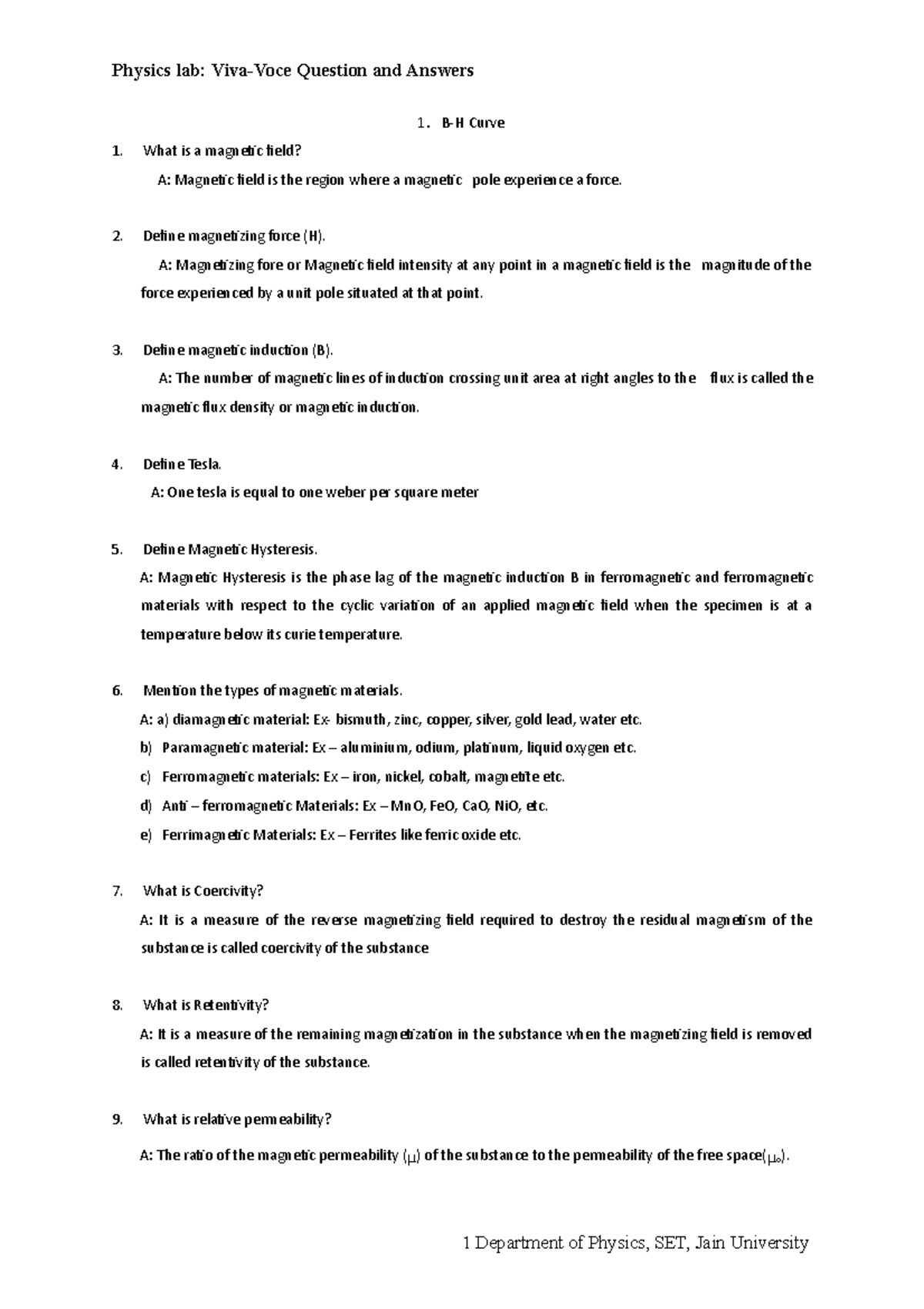 Physics Lab viva questions BH Curve Physics lab VivaVoce Question