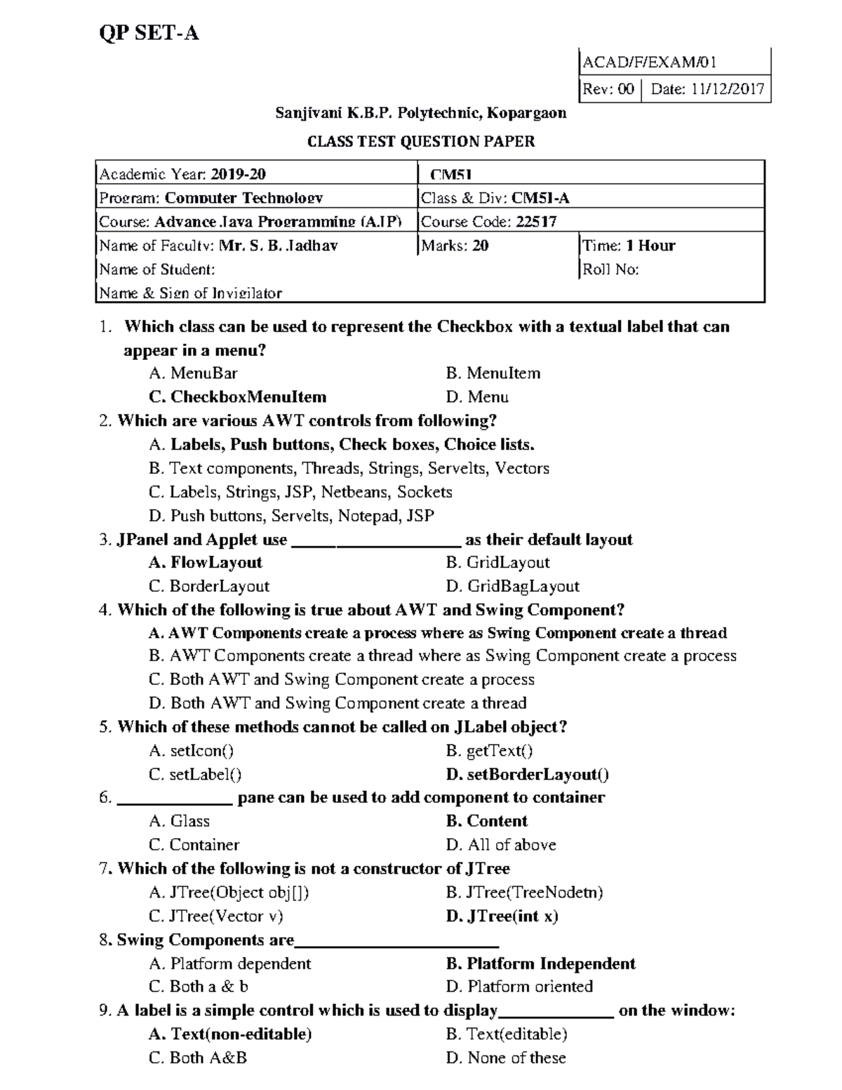 Mcq AJP 2 - Advanced Java - QP SET-A ACAD/F/EXAM/ Rev: 00 Date: 11/12 ...