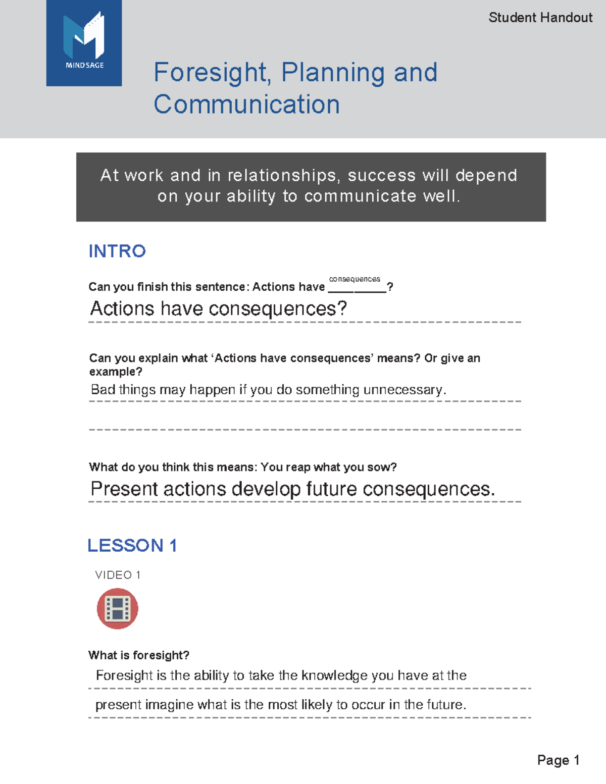 Foresight Planning and Communication Student Handout HS - Foresight ...