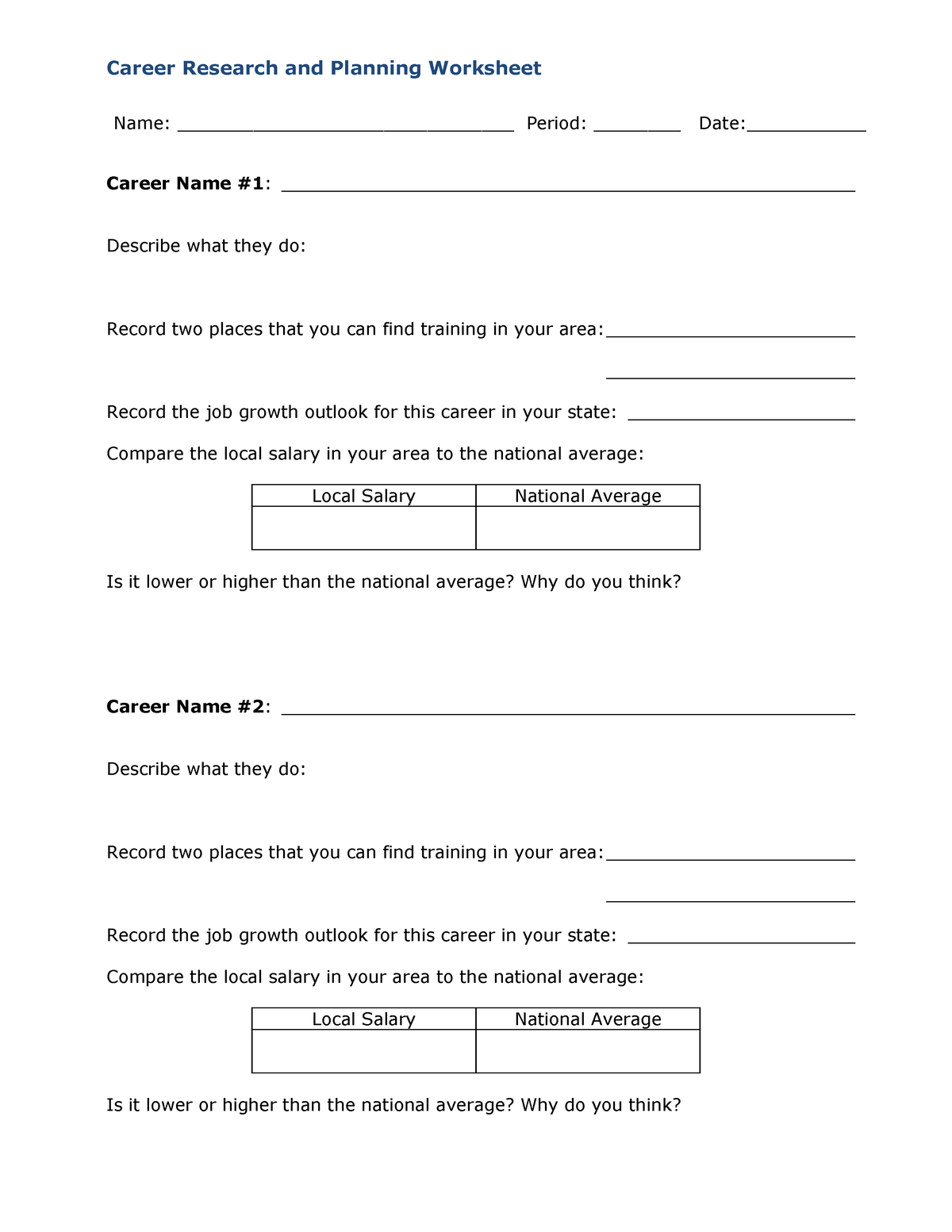 college and career research worksheet