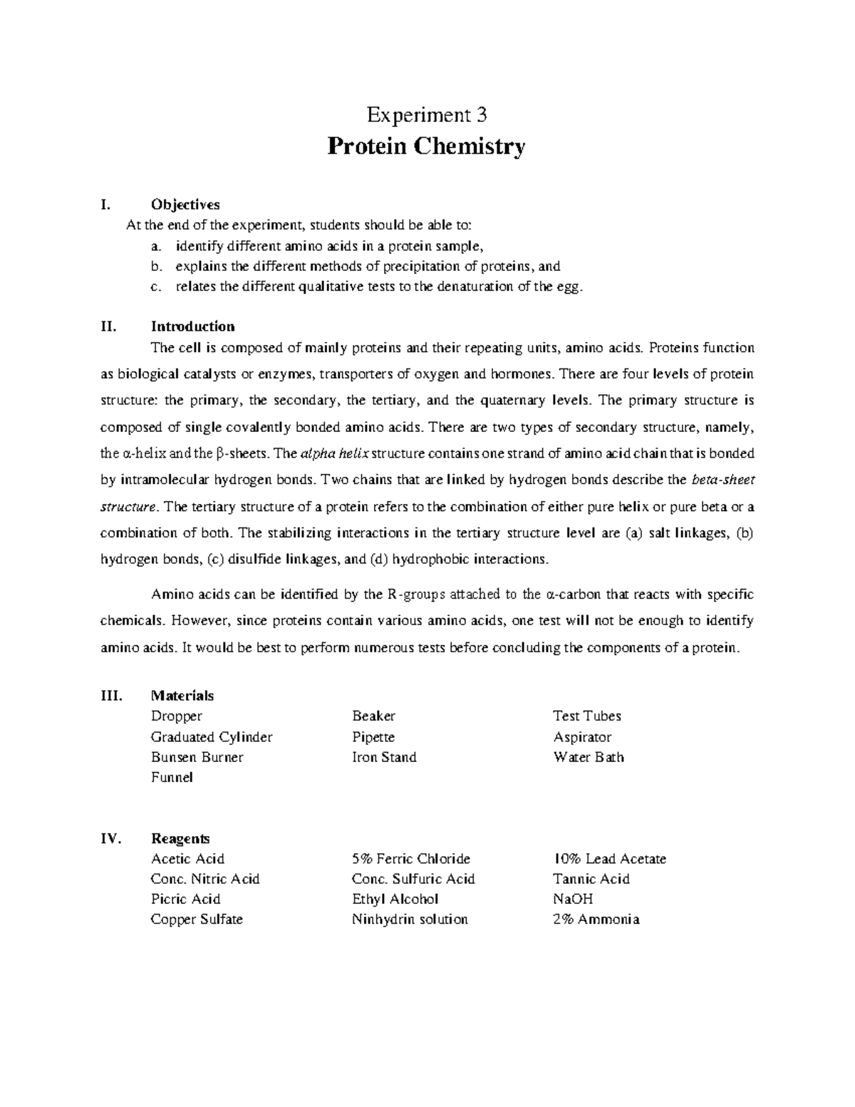 FE Protein Qualitative Analysis - Experiment 3 Protein Chemistry I ...