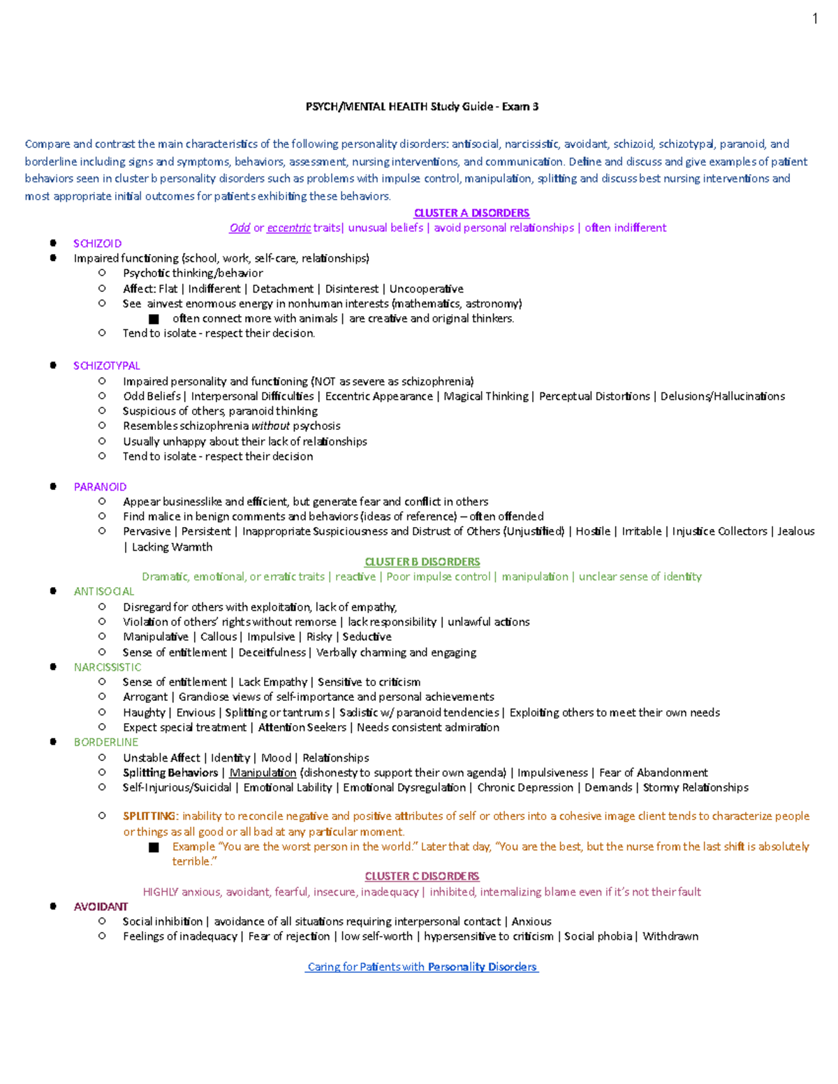 Psych Exam 3 Study Guide - UTA - 1 HEALTH Study Guide Exam 3 Compare ...