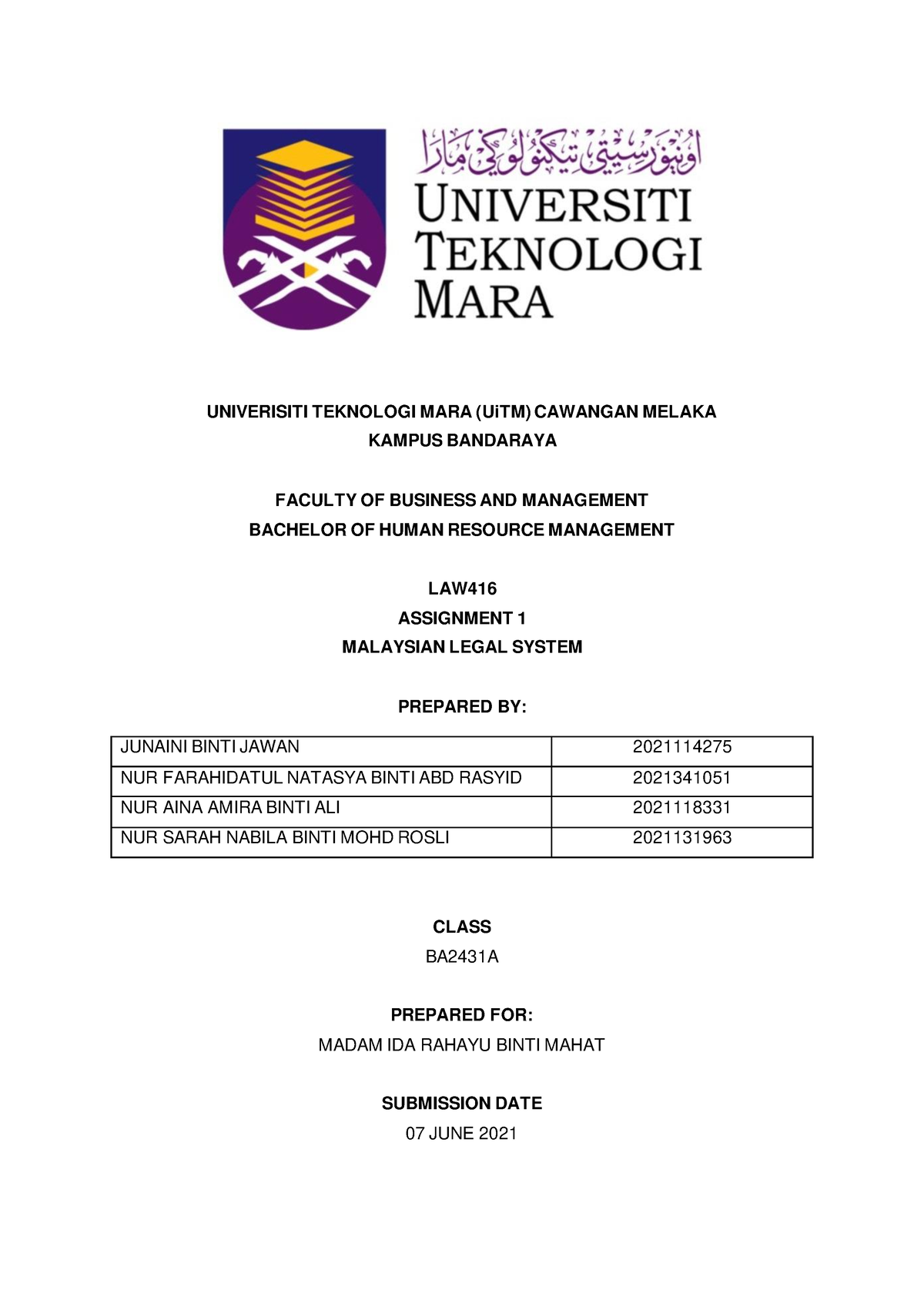 Assignment 1 LAW416 - UNIVERISITI TEKNOLOGI MARA (UiTM) CAWANGAN MELAKA ...