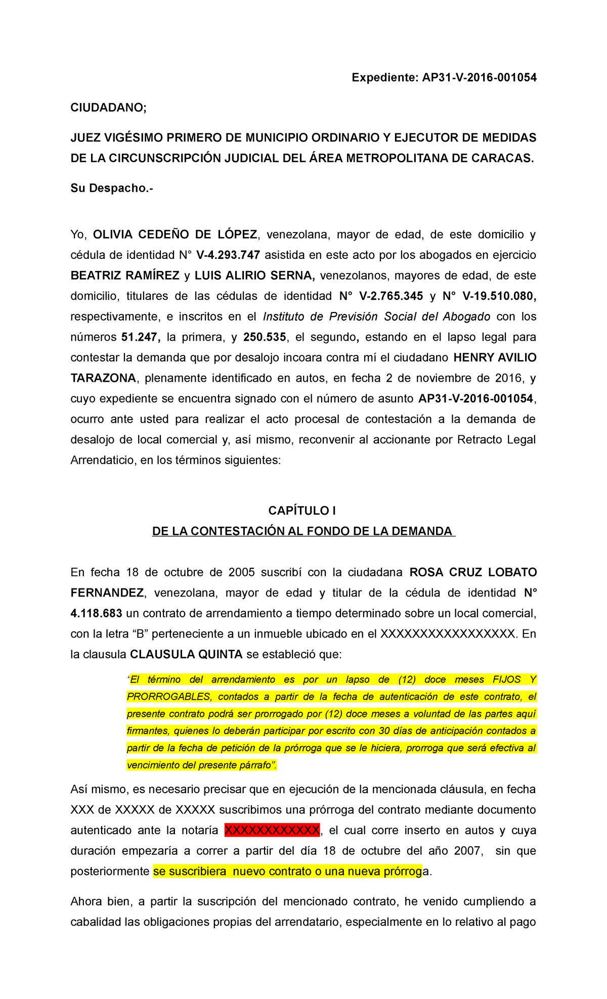 Contestación desalojo comercial 1 - Expediente: AP31-V-2016- CIUDADANO;  JUEZ VIGÉSIMO PRIMERO DE - Studocu