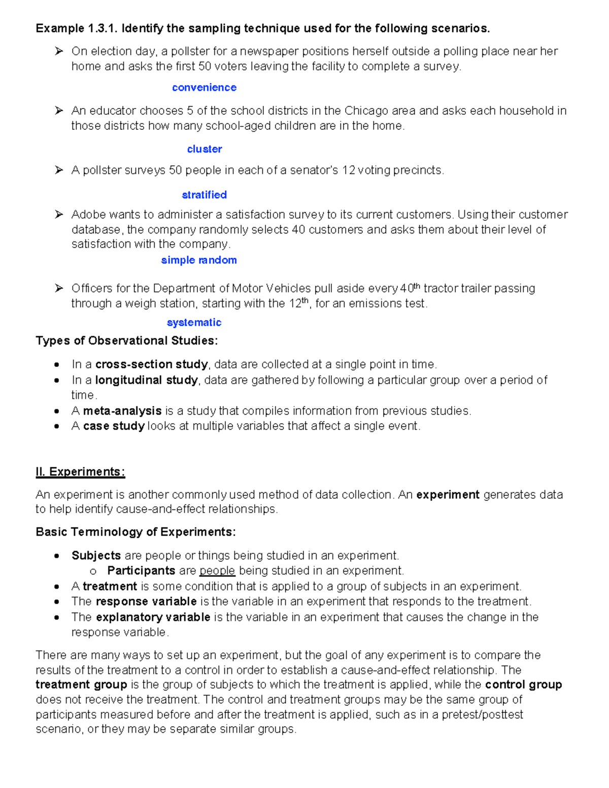 Chapter 1 Notes Pg 6 - Example 1.3. Identify the sampling technique ...