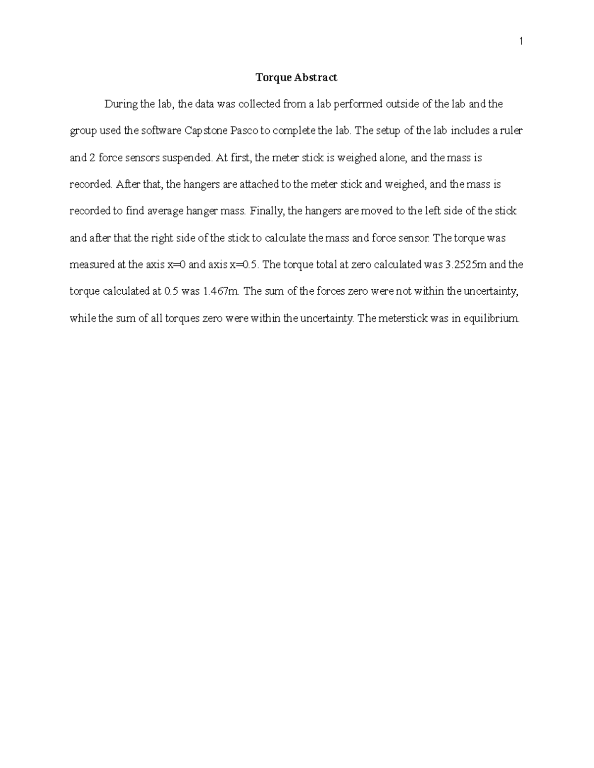 Abstract Torque - 1 Torque Abstract During the lab, the data was ...