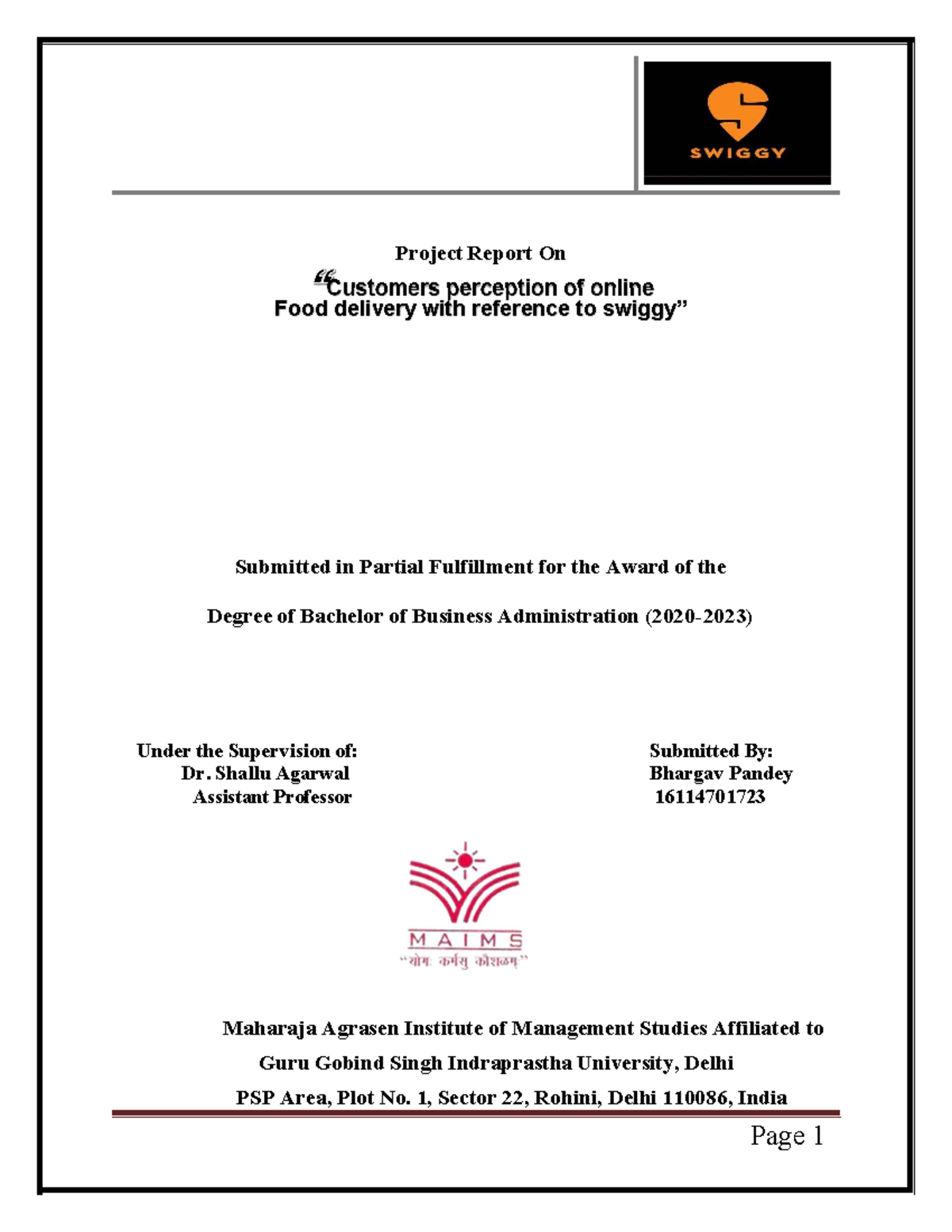 Finial project on swiggy - Project Report On Customers perception of ...