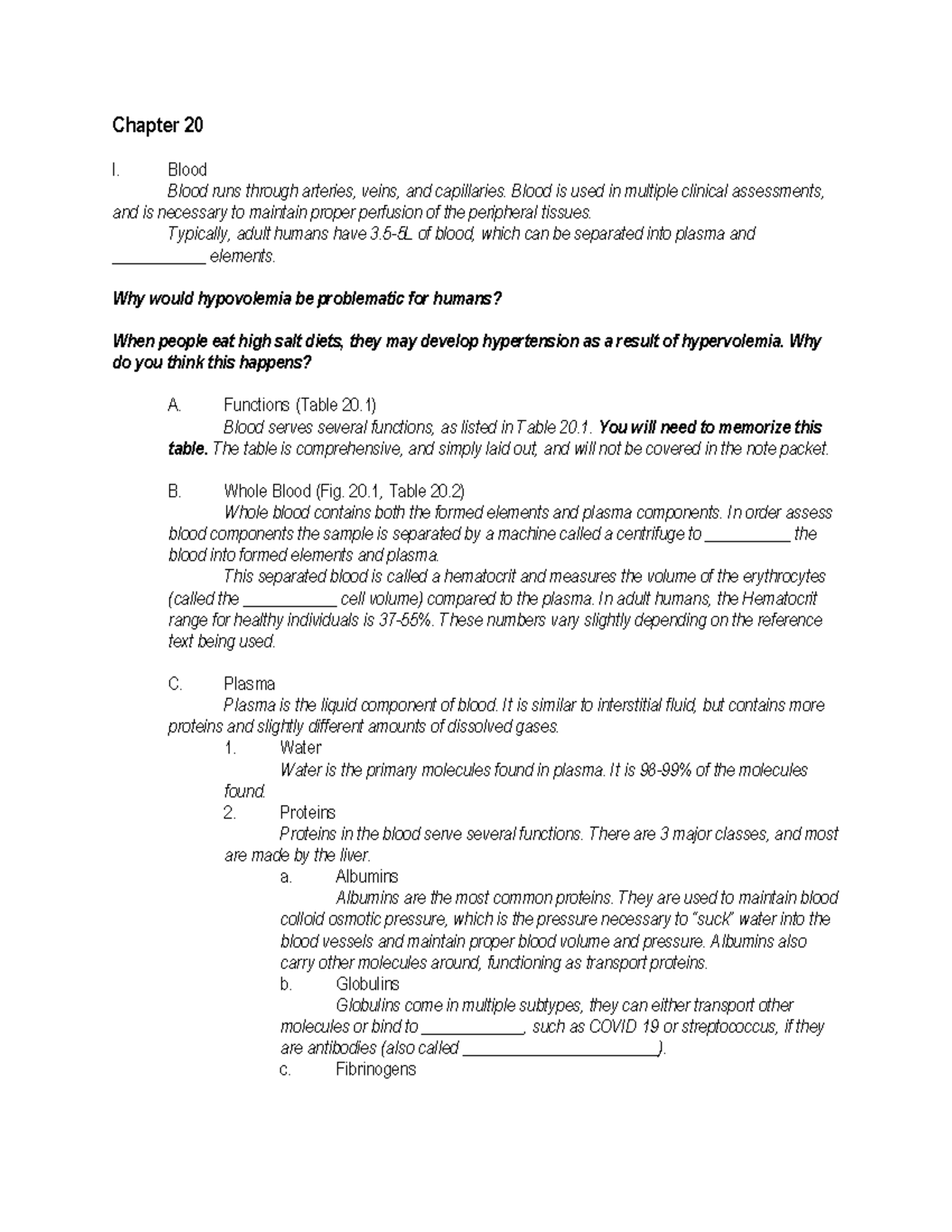 Chapter 20notes - Work - Chapter 20 I. Blood Blood runs through ...