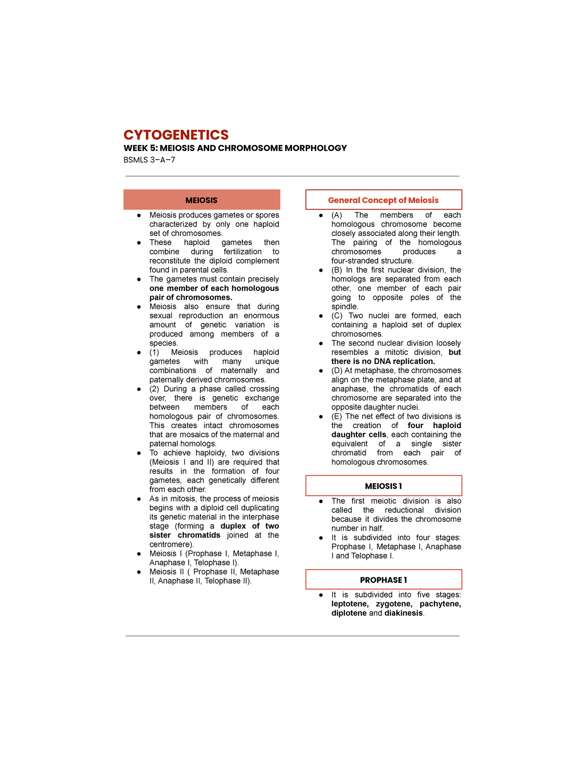 Cytogenetics Week 5 - Meiosis and Chromosome Morphology - CYTOGENETICS ...
