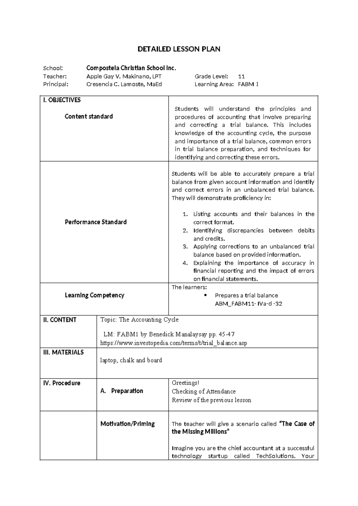 DLP (Repaired) - Detailed Lesson Plan in Trial Balance - DETAILED ...