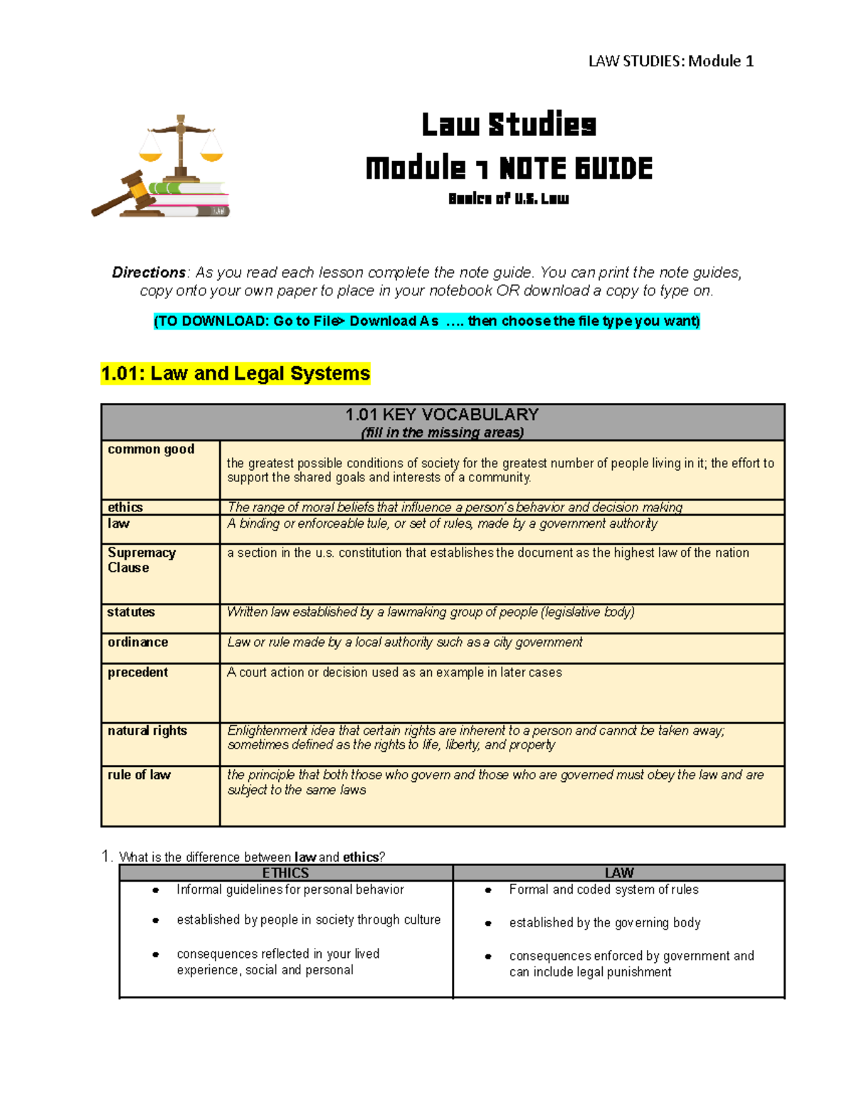 Law Studies Module 1 Notes Law Studies Module 1 NOTE GUIDE Basics Of 
