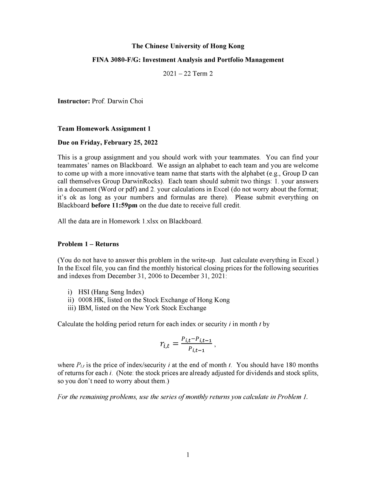 Fina3080 Homework 1 - HW1 Group Assignment Acadamic Year 2021 - 1 The ...