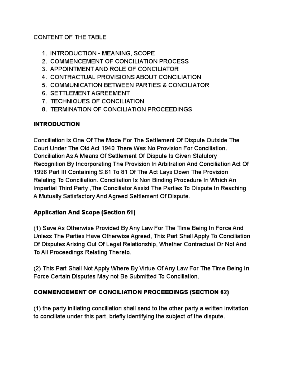Conciliation of ADR CONTENT OF THE TABLE 1. INTRODUCTION MEANING