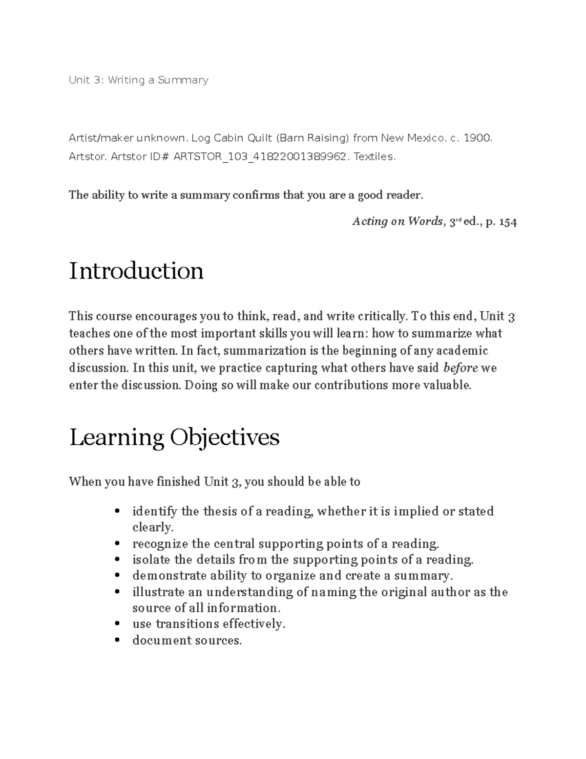 ENGL 255 Unit 3 Study Guide - Unit 3: Writing A Summary Artist/maker ...