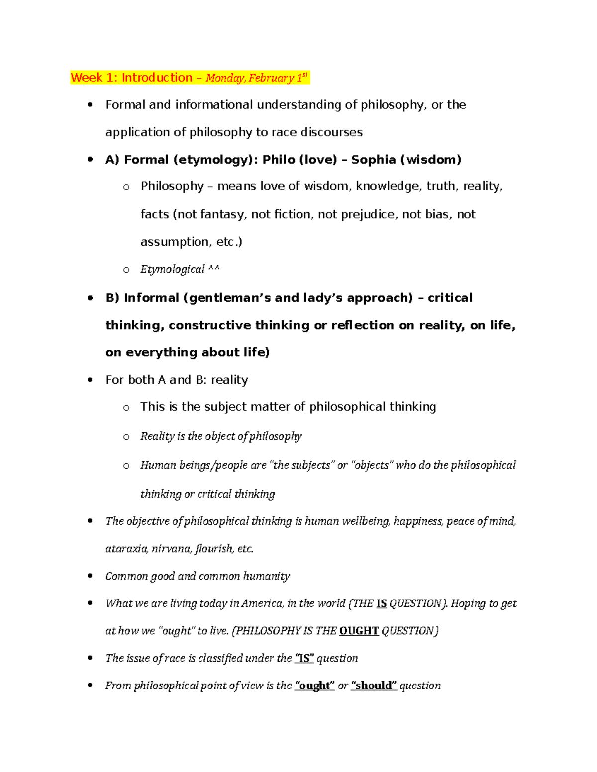 Ethics Lecture Notes - Week 1: Introduction – Monday, February 1st ...