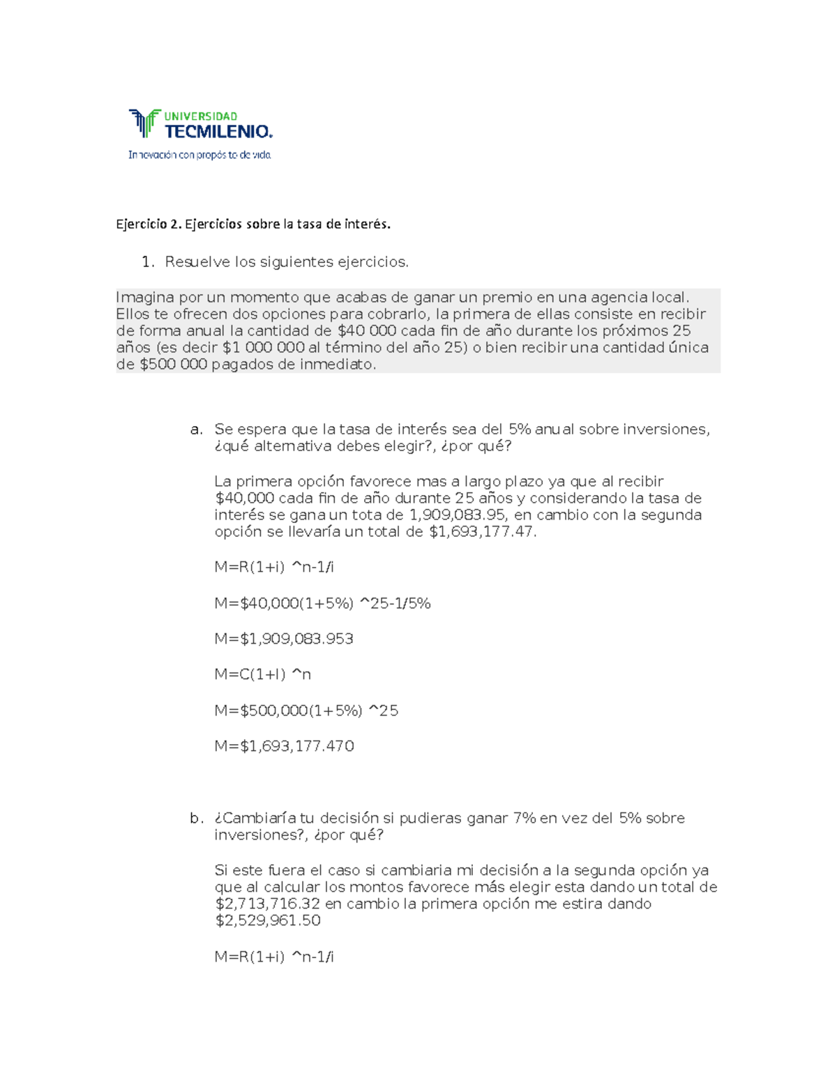 Actividad 2 - act 2 - Ejercicio 2. Ejercicios sobre la tasa de interés ...