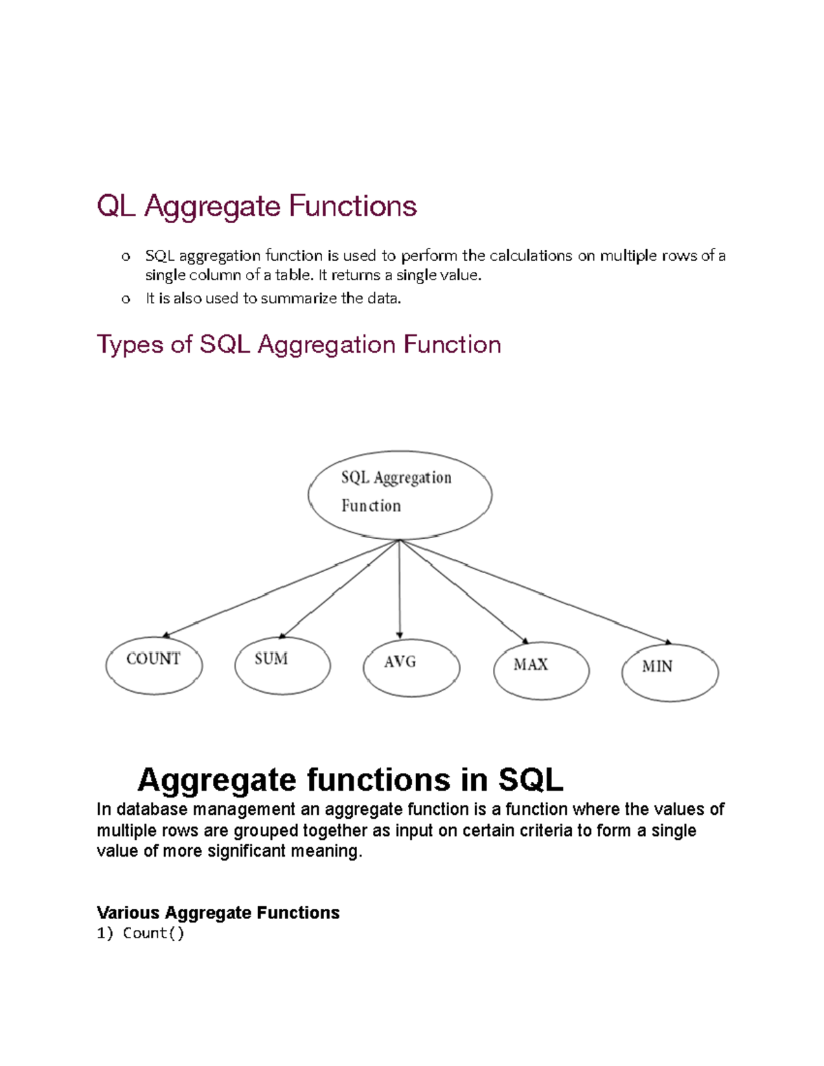 Program 3(1) aggregate query theory - QL Aggregate Functions o SQL ...