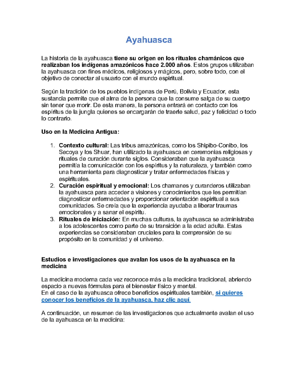 Ayahuasca Ayahuasca La historia de la ayahuasca tiene su origen en