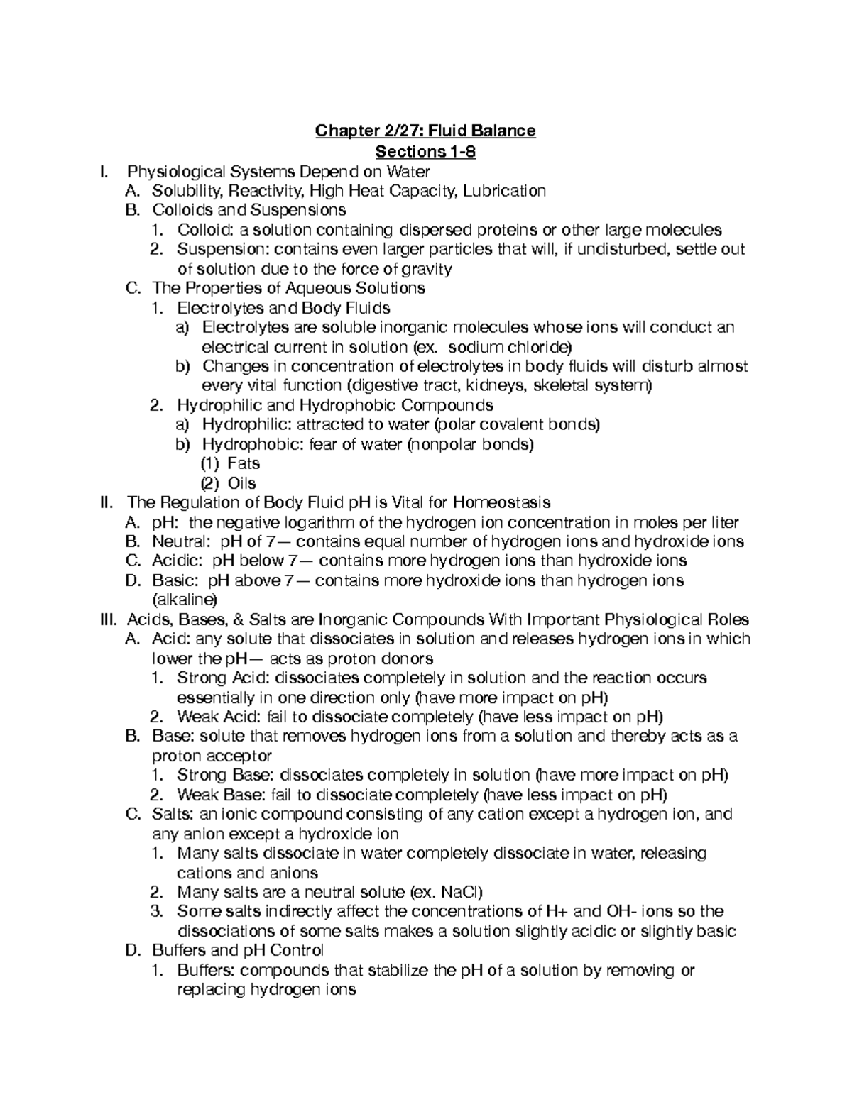 Fluid Balance Outline Chapter 2/27 Fluid Balance Sections 1 I. Physiological Systems Depend